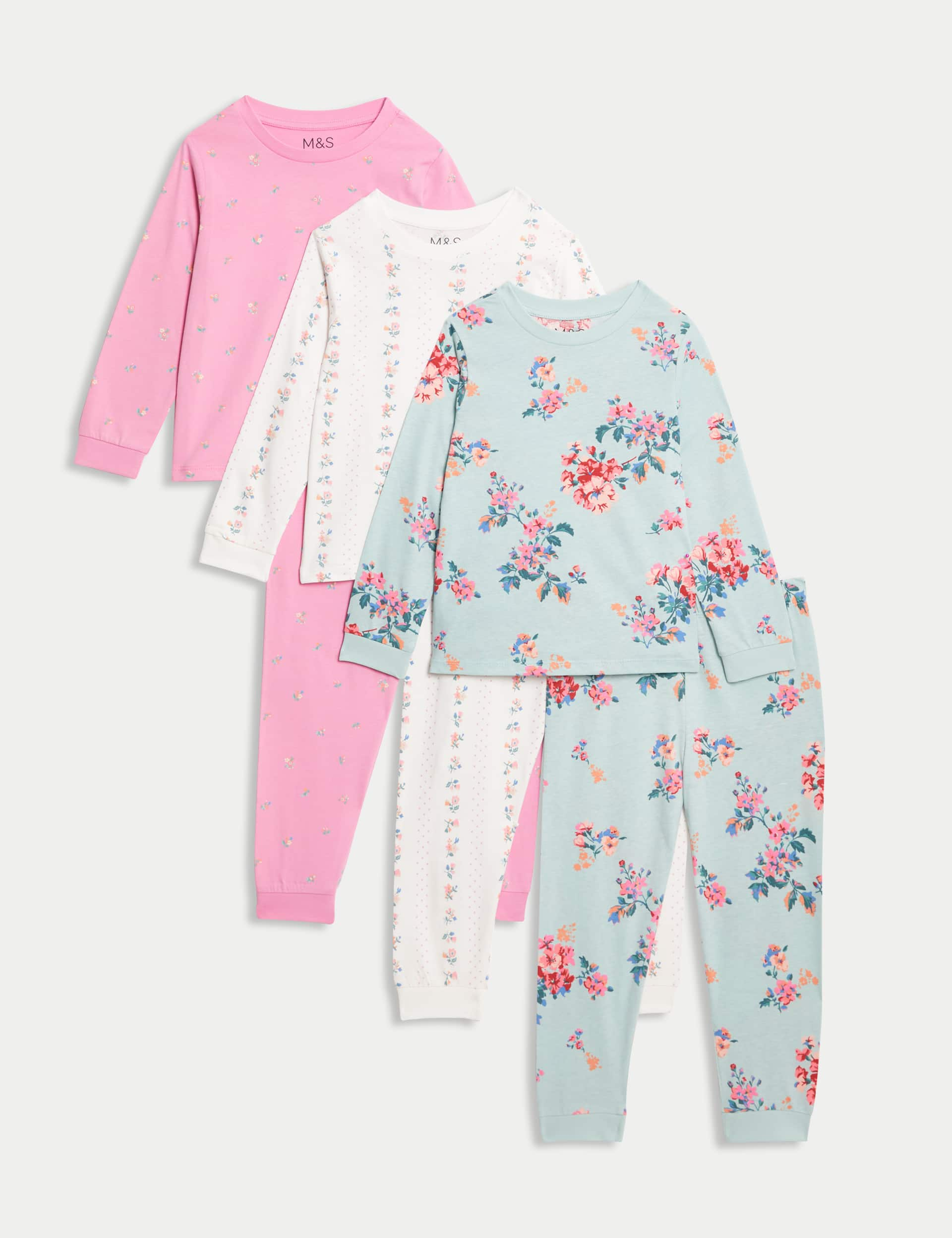 M&S Girls 3pk Pure Cotton Floral Pyjama Sets (1-8 Yrs) - 6-7 Y - Pink Mix, Pink Mix