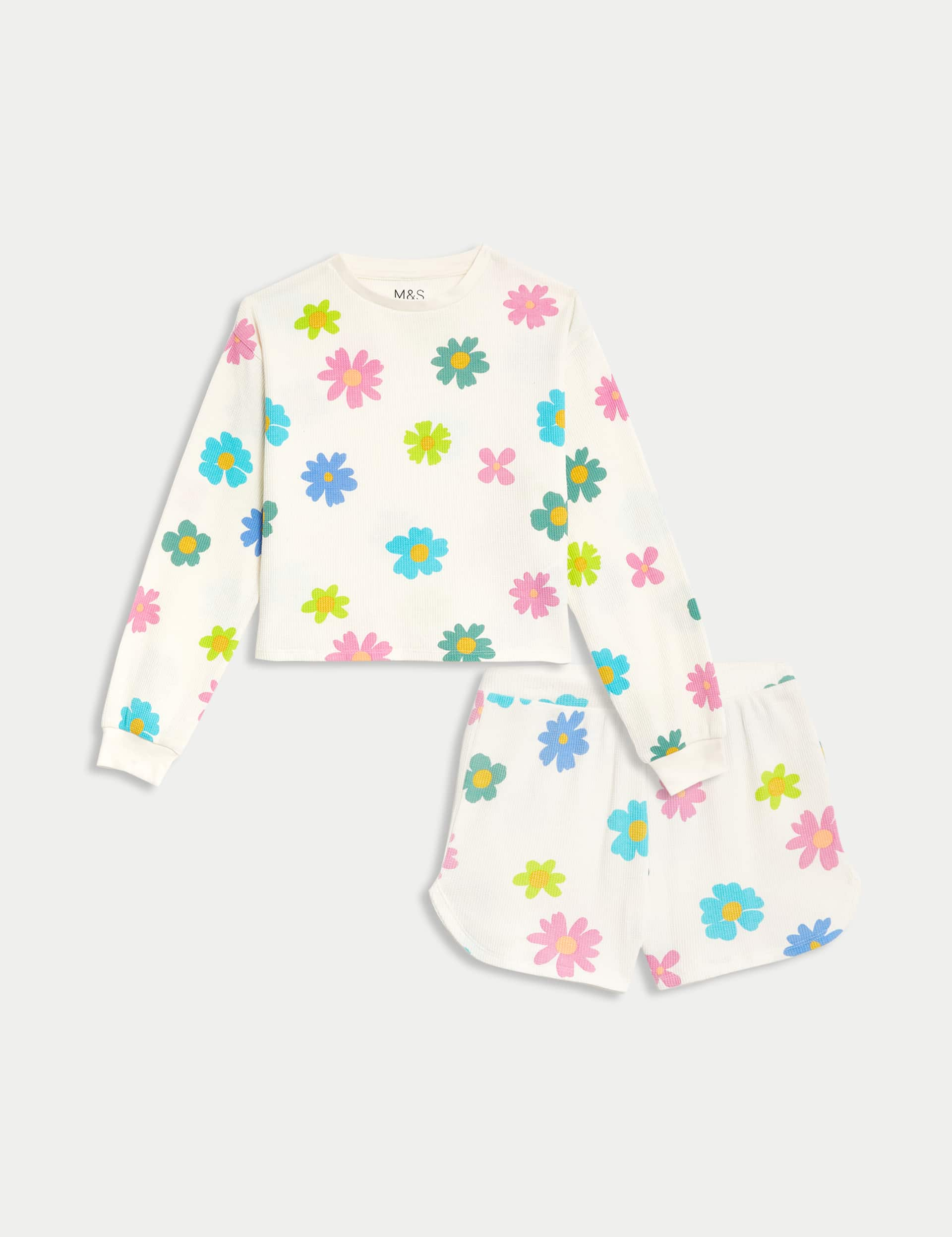 M&S Girls Cotton Blend Waffle Floral Pyjamas (12 Mths - 16 Yrs) - 6-7 Y - Ecru Mix, Ecru Mix