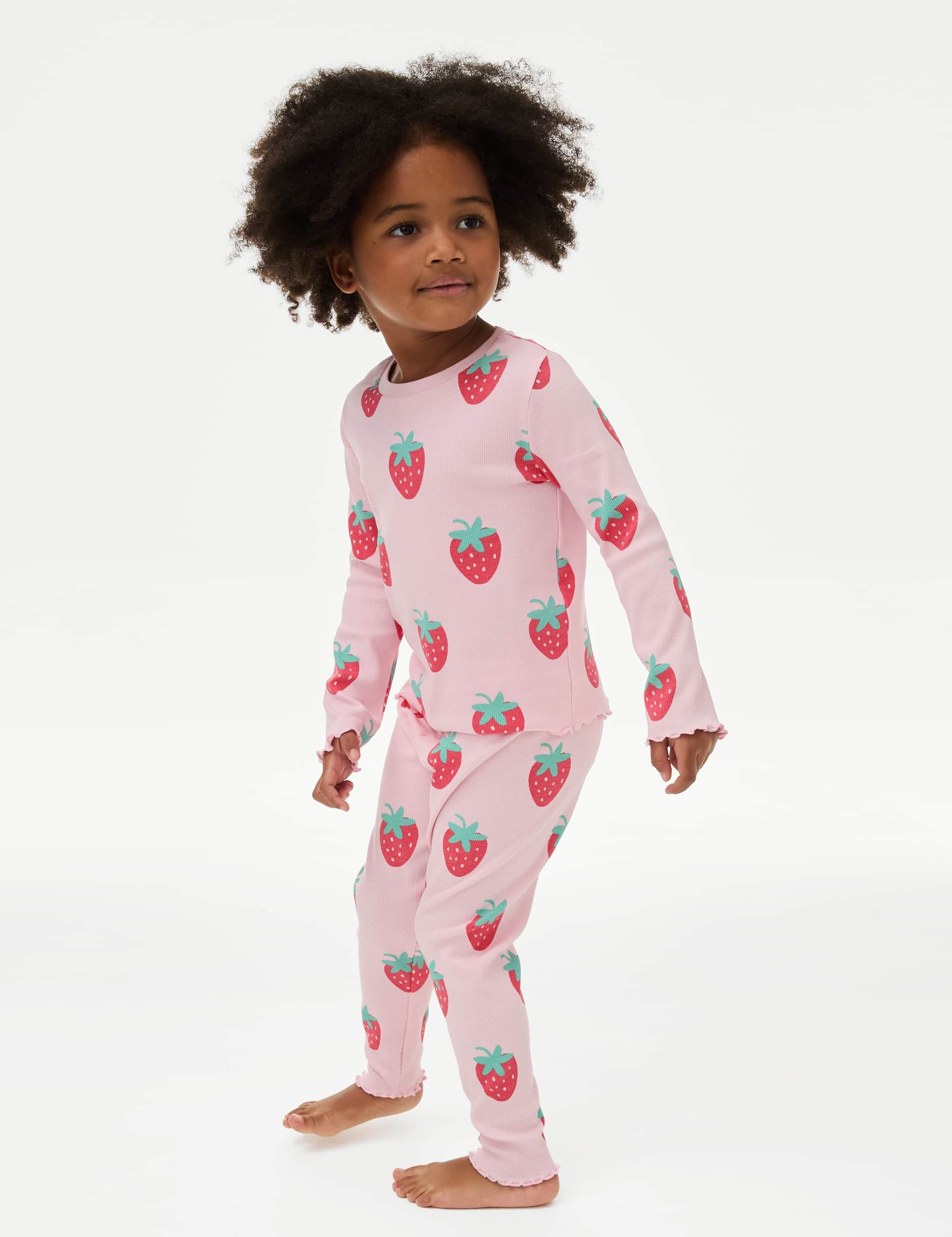 M&S Girls Pure Cotton Strawberry Pyjamas (12 Mths-8 Yrs) - 7-8 Y - Pink Mix, Pink Mix