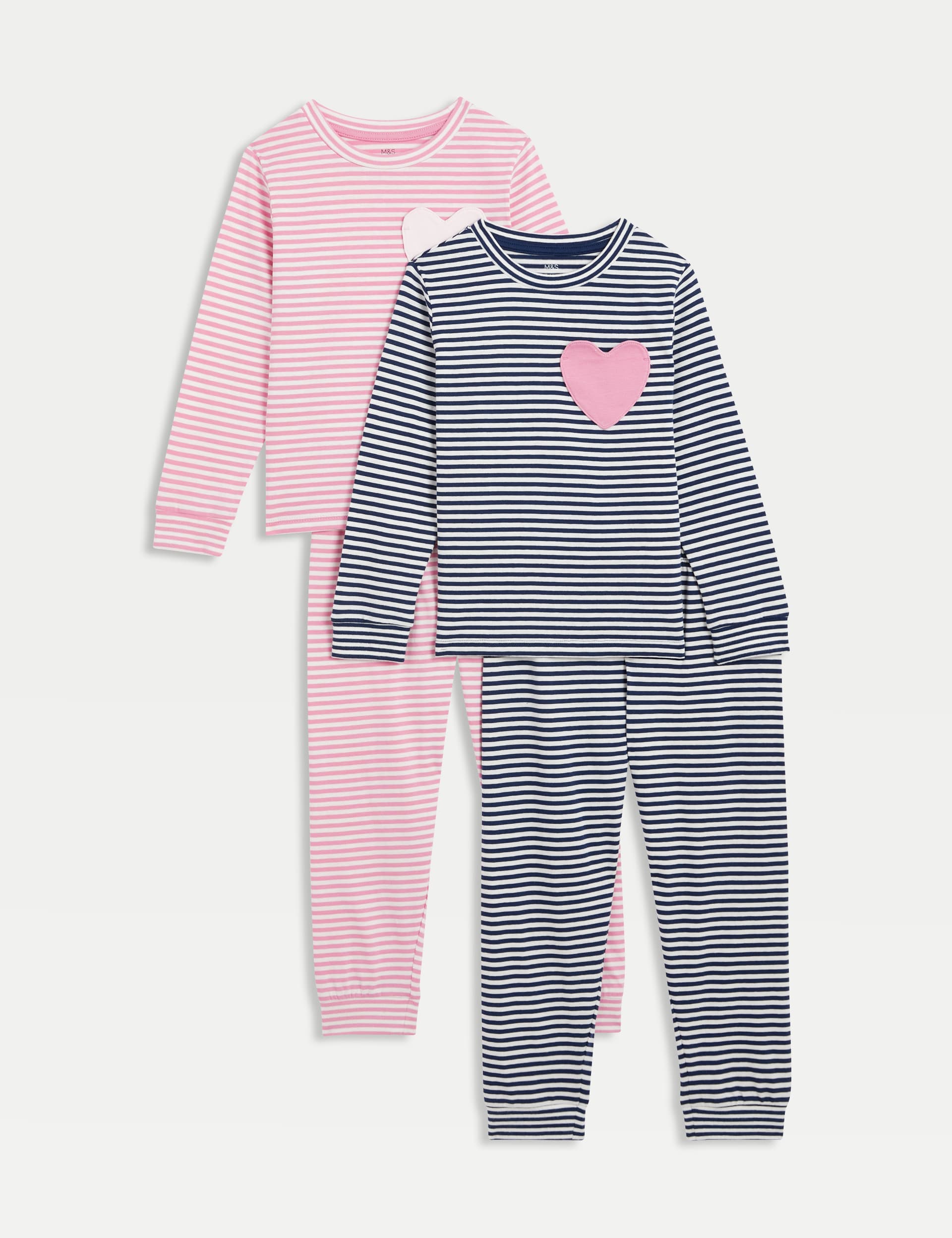 M&S Girls 2pk Pure Cotton Striped Heart Pyjama Sets (1-8 Yrs)