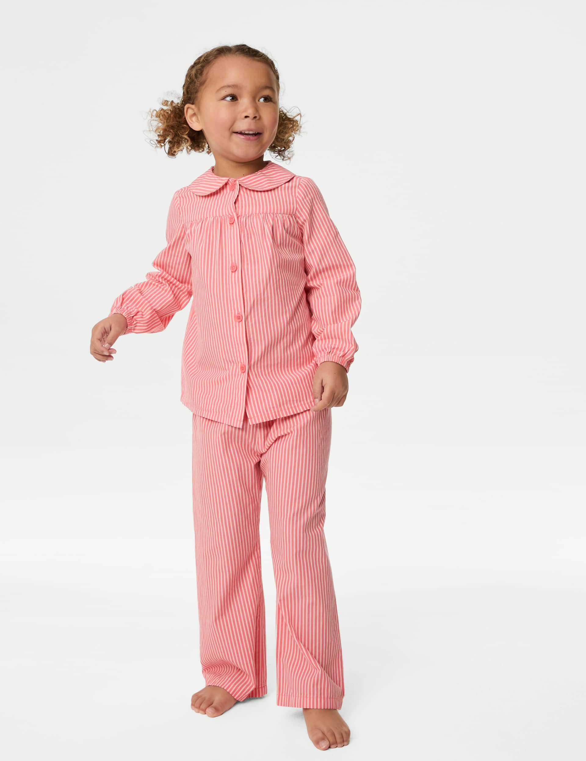 M&S Collection Girls Pure Cotton Striped Collared Pyjamas (1-8 Yrs) - 3-4 Y - Orange Mix, Orange Mix