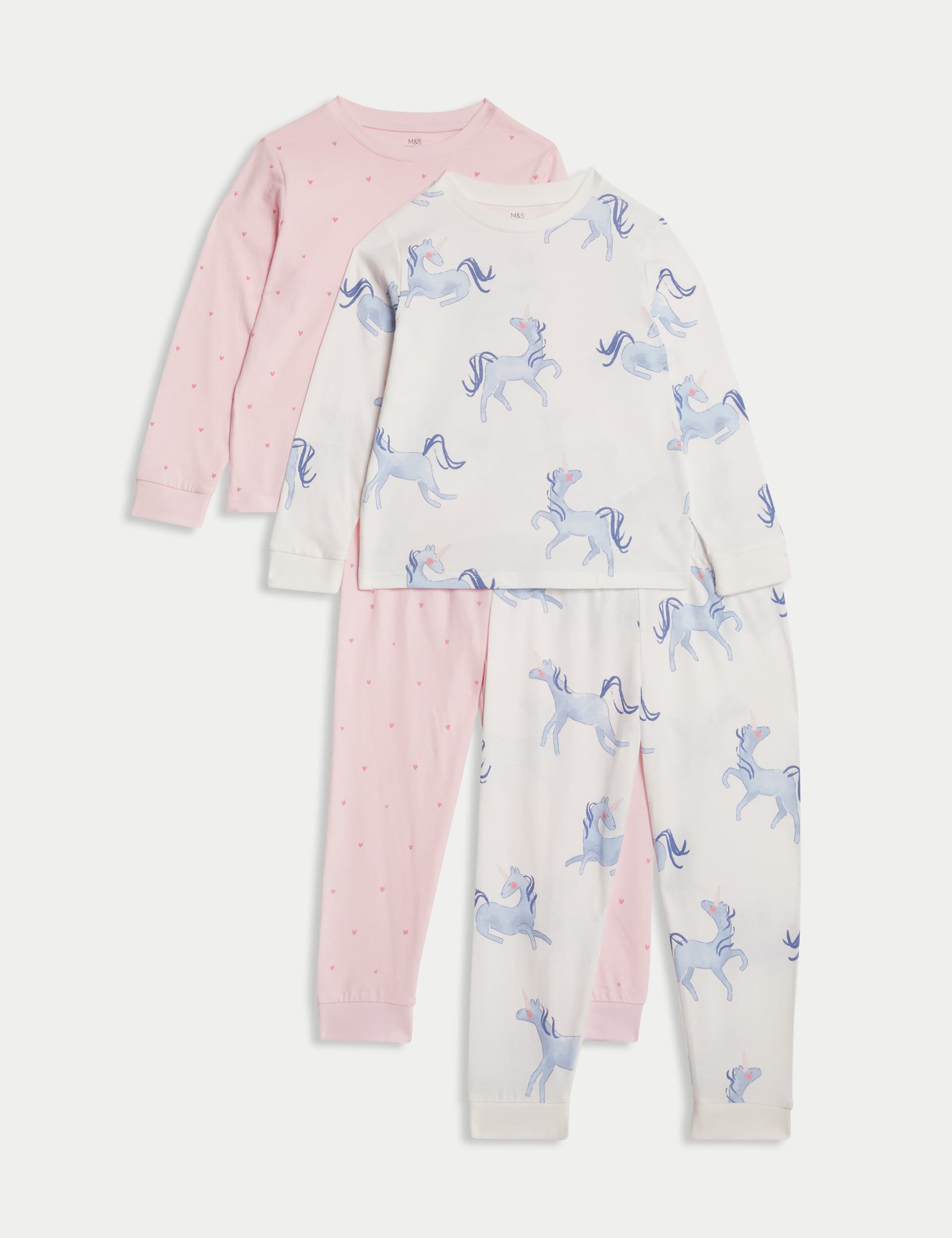 M&S Collection Girls 2 Pack Pure Cotton Unicorn & Heart Pyjama Sets (1-8 Yrs) - 3-4 Y - Lilac, Lilac