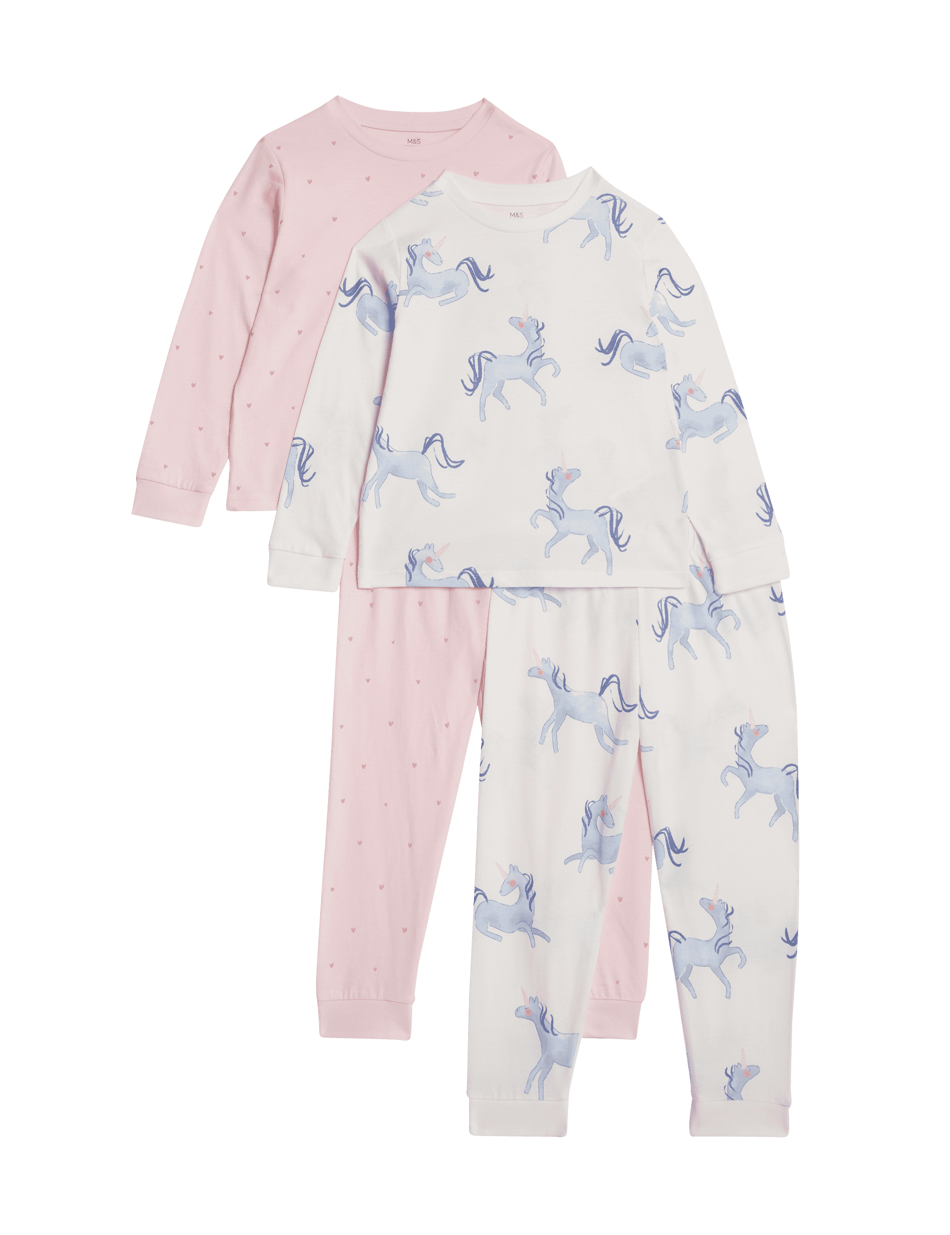 M&S Collection Girls 2 Pack Pure Cotton Unicorn & Heart Pyjama Sets (1-8 Yrs) - 3-4 Y - Lilac, Lilac