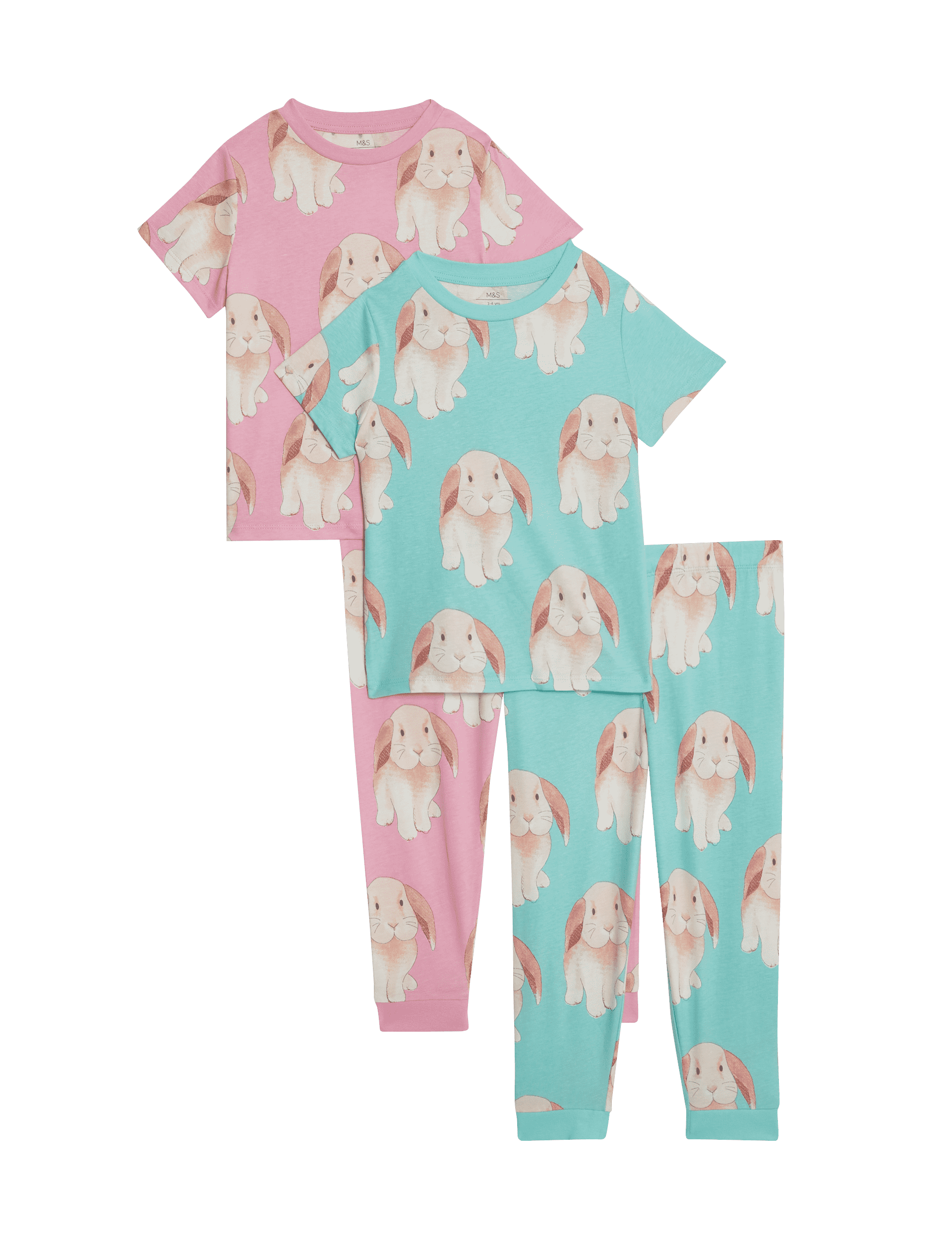 M&S Collection Girls 2 Pack Pure Cotton Bunny Pyjama Sets (1-8 Yrs) - 2-3 Y - Blue Mix, Blue Mix