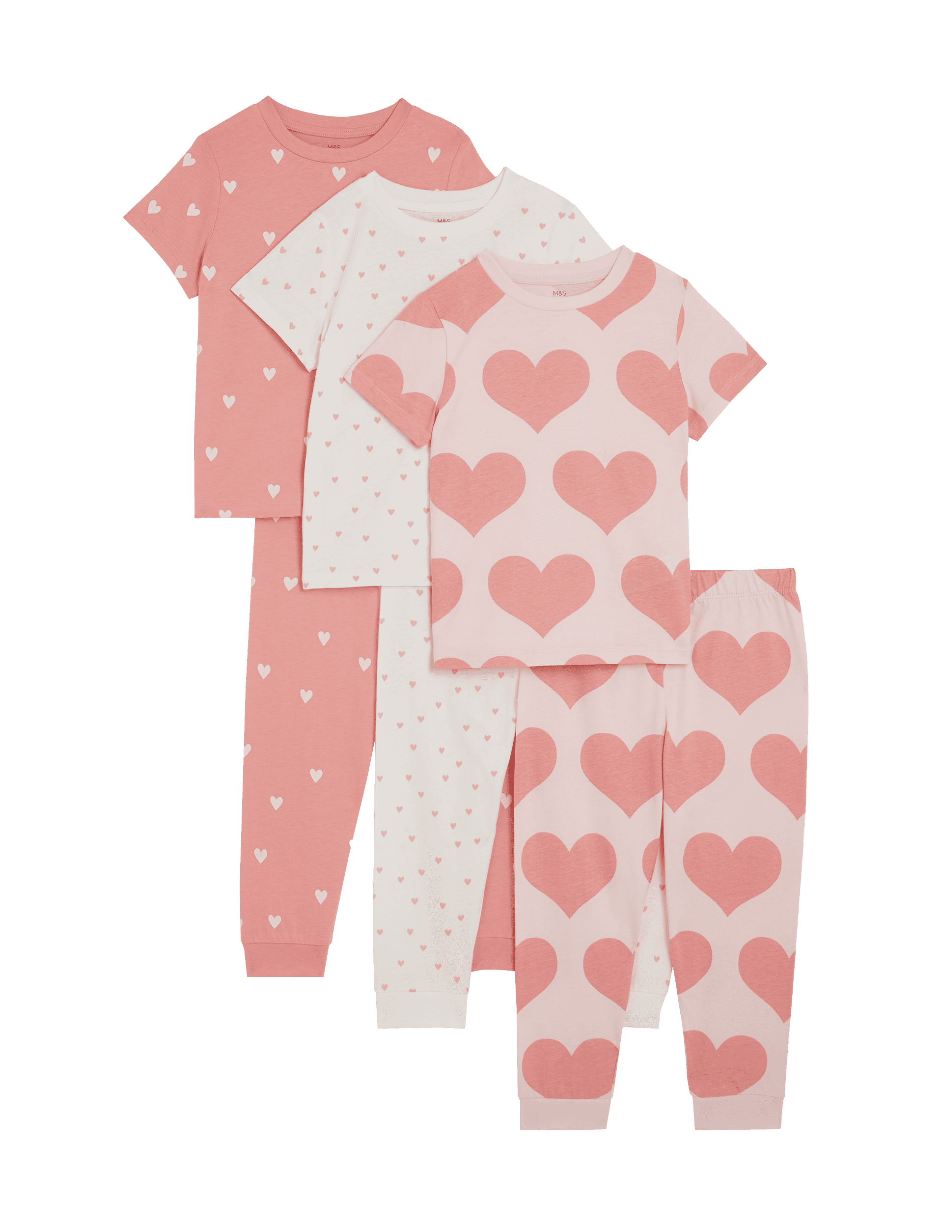 M&S Collection Girls 3pk Pure Cotton Heart Pyjama Sets (1-16 Yrs) - 6-7 Y - Pink, Pink