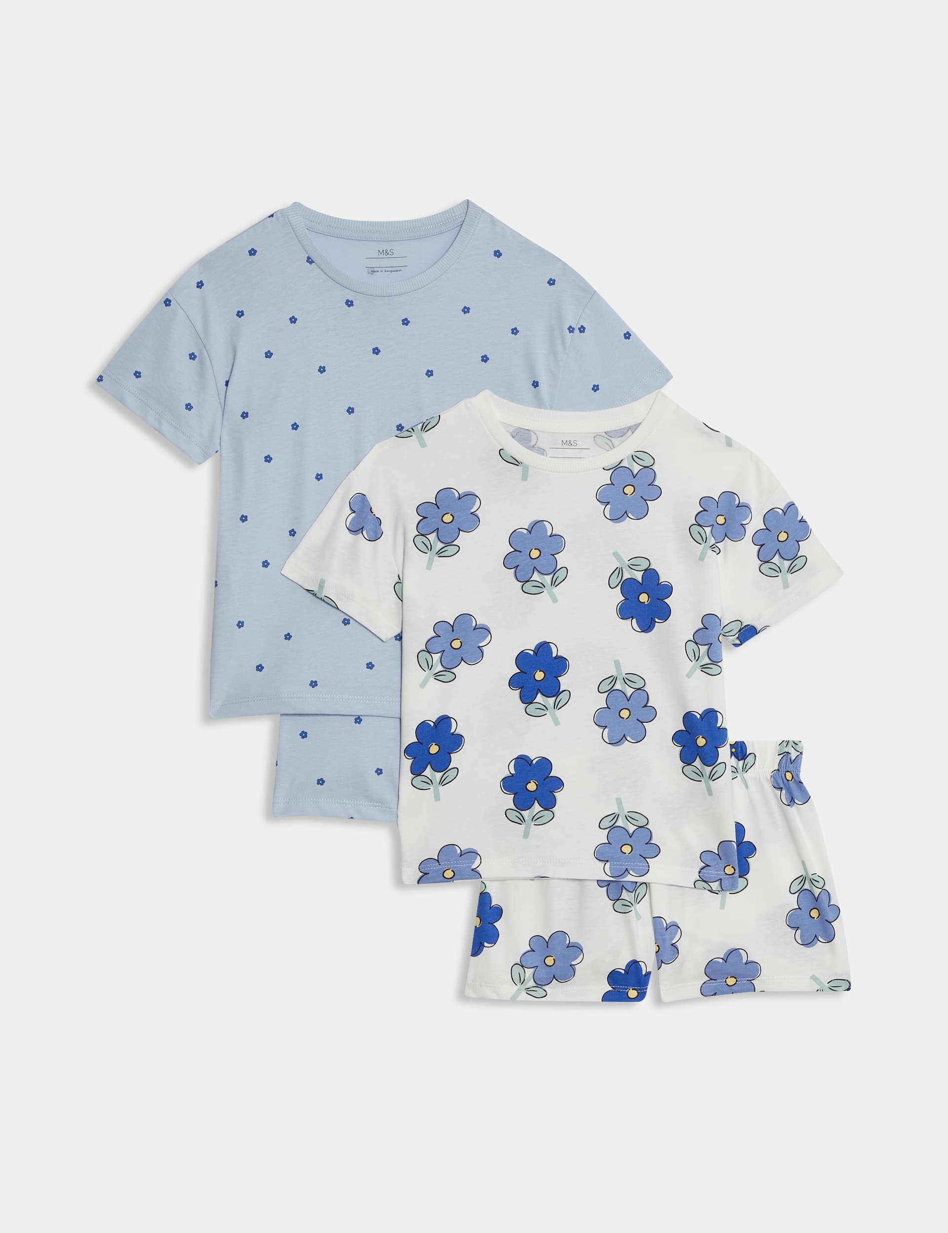 M&S Collection Girls 2 Pack Pure Cotton Floral Pyjama Sets (1-16 Yrs) - 7-8 Y - Blue Mix, Blue Mix