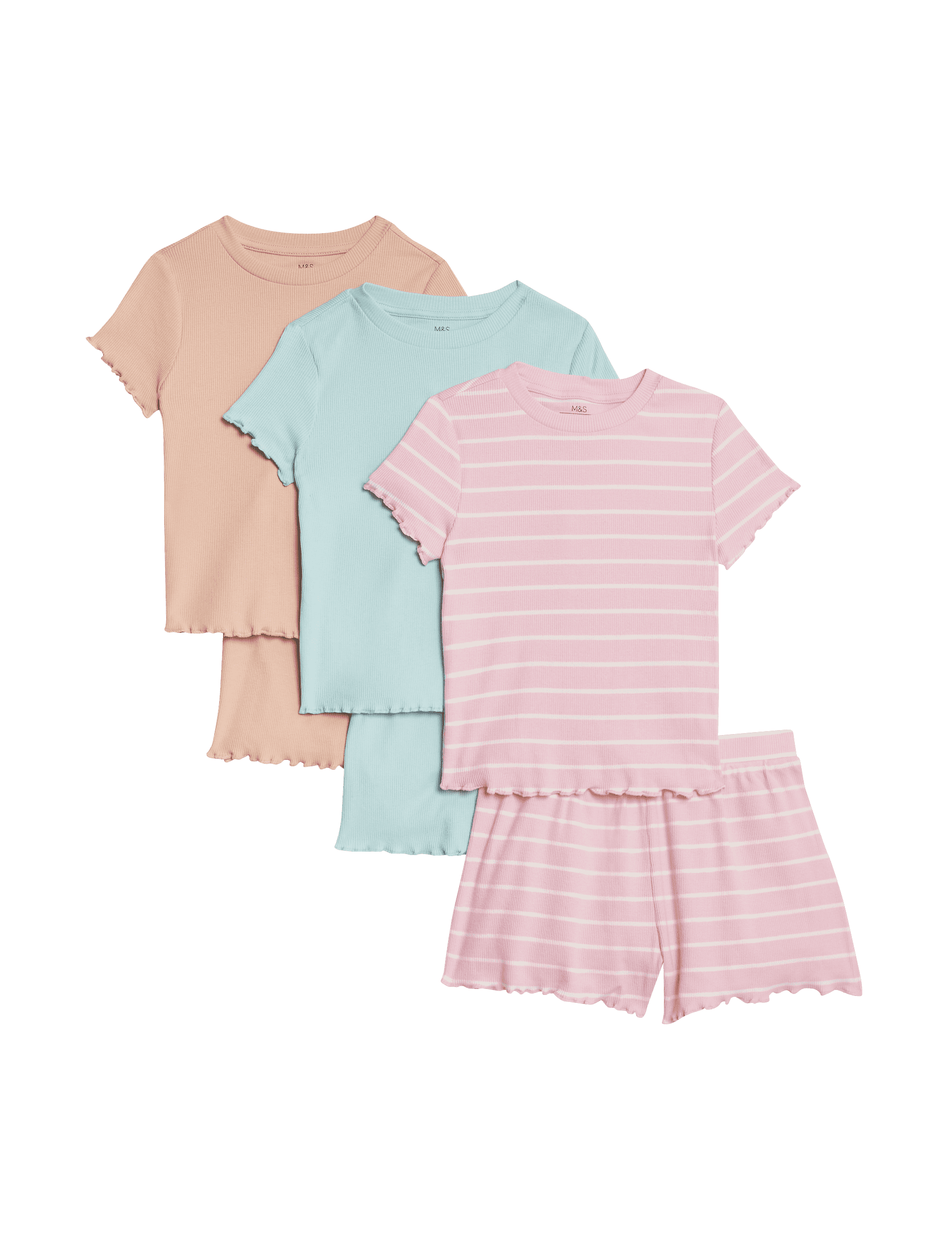 M&S Collection Girls 3pk Cotton Rich Plain & Striped Pyjama Sets - 6-7 Y - Multi, Multi