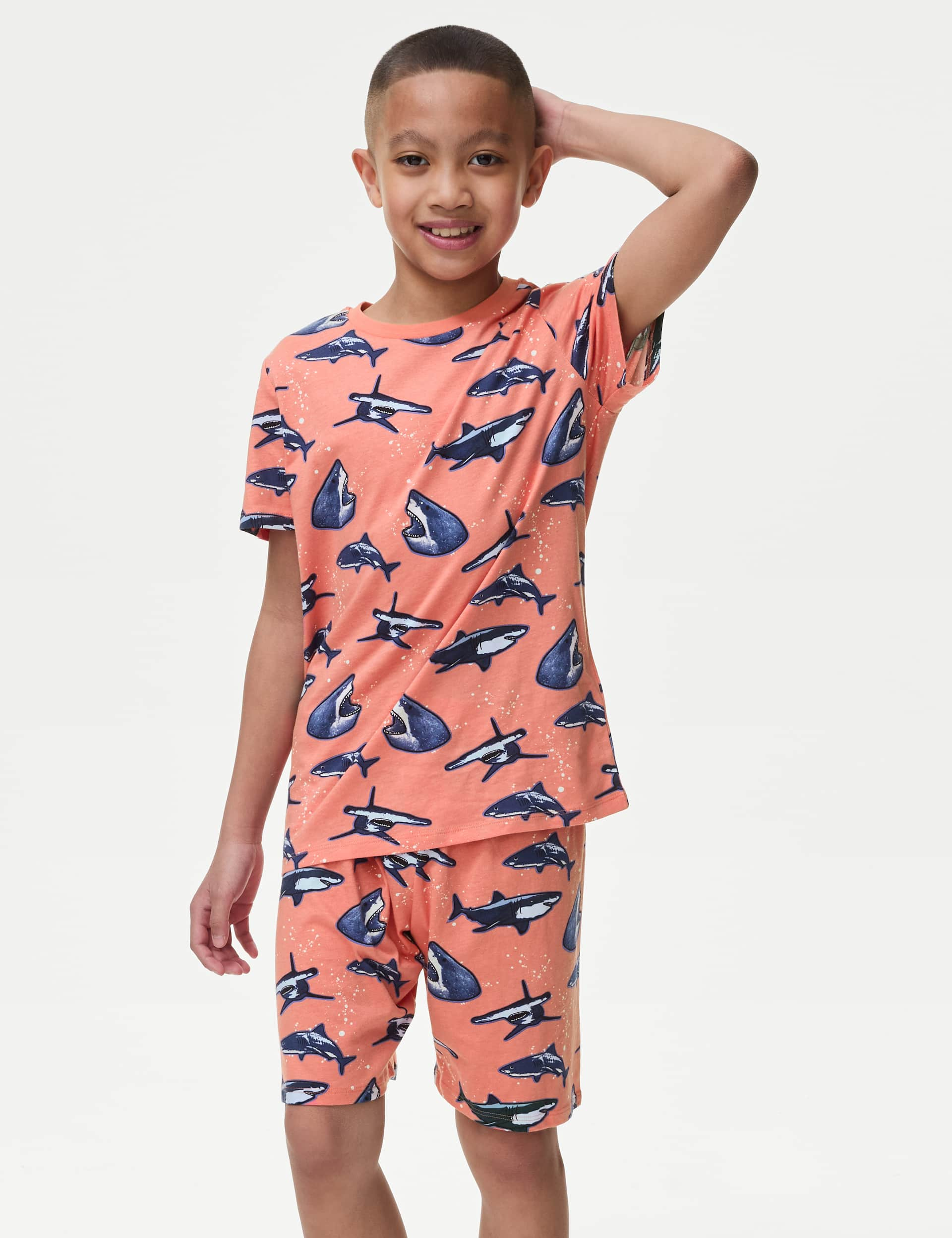 M&S Boys Pure Cotton Shark Print Pyjamas (7-14 Yrs) - 12-13 - Pink Mix, Pink Mix