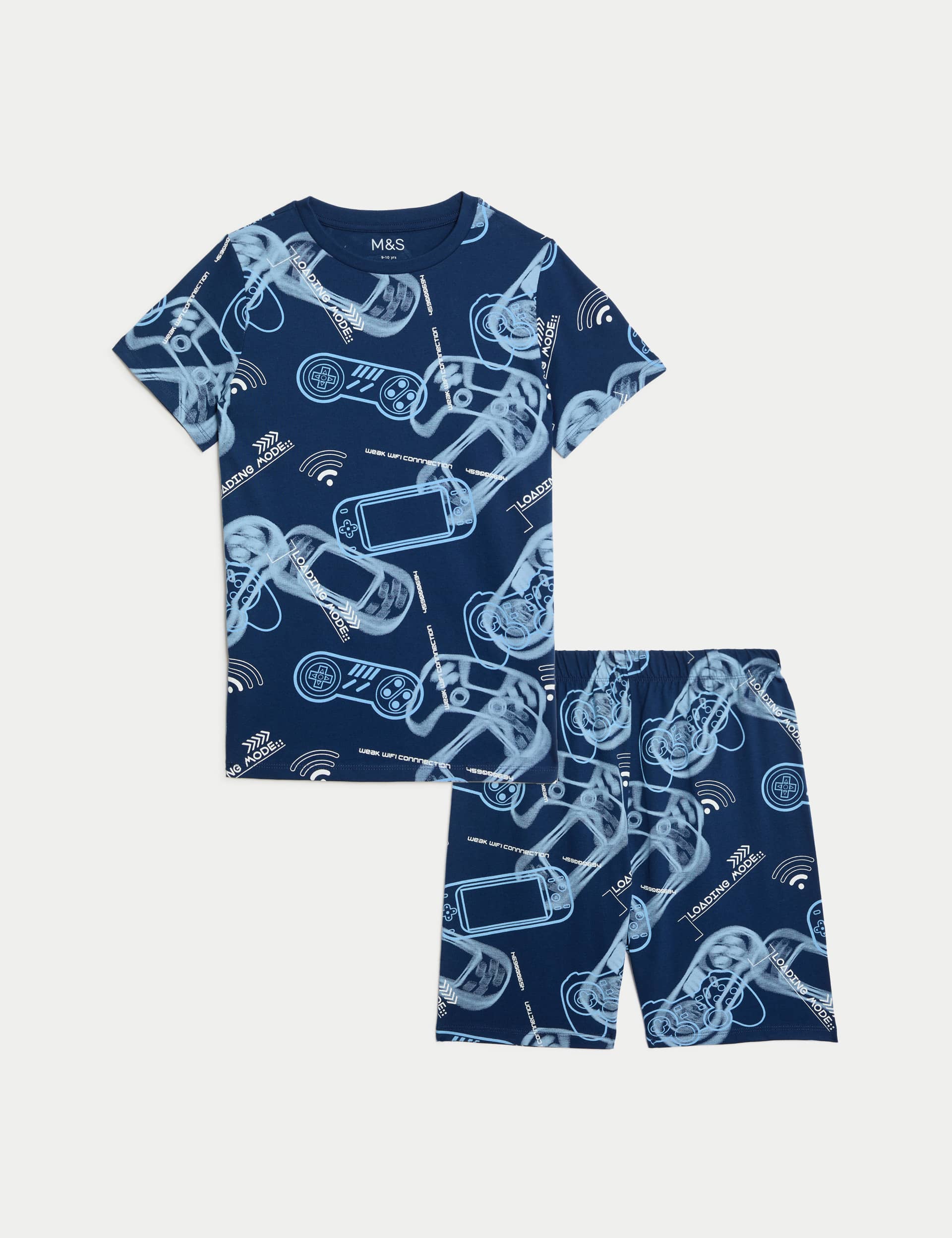 M&S Boys Pure Cotton Gaming Print Pyjamas (7-14 Yrs) - 9-10Y - Blue Mix, Blue Mix