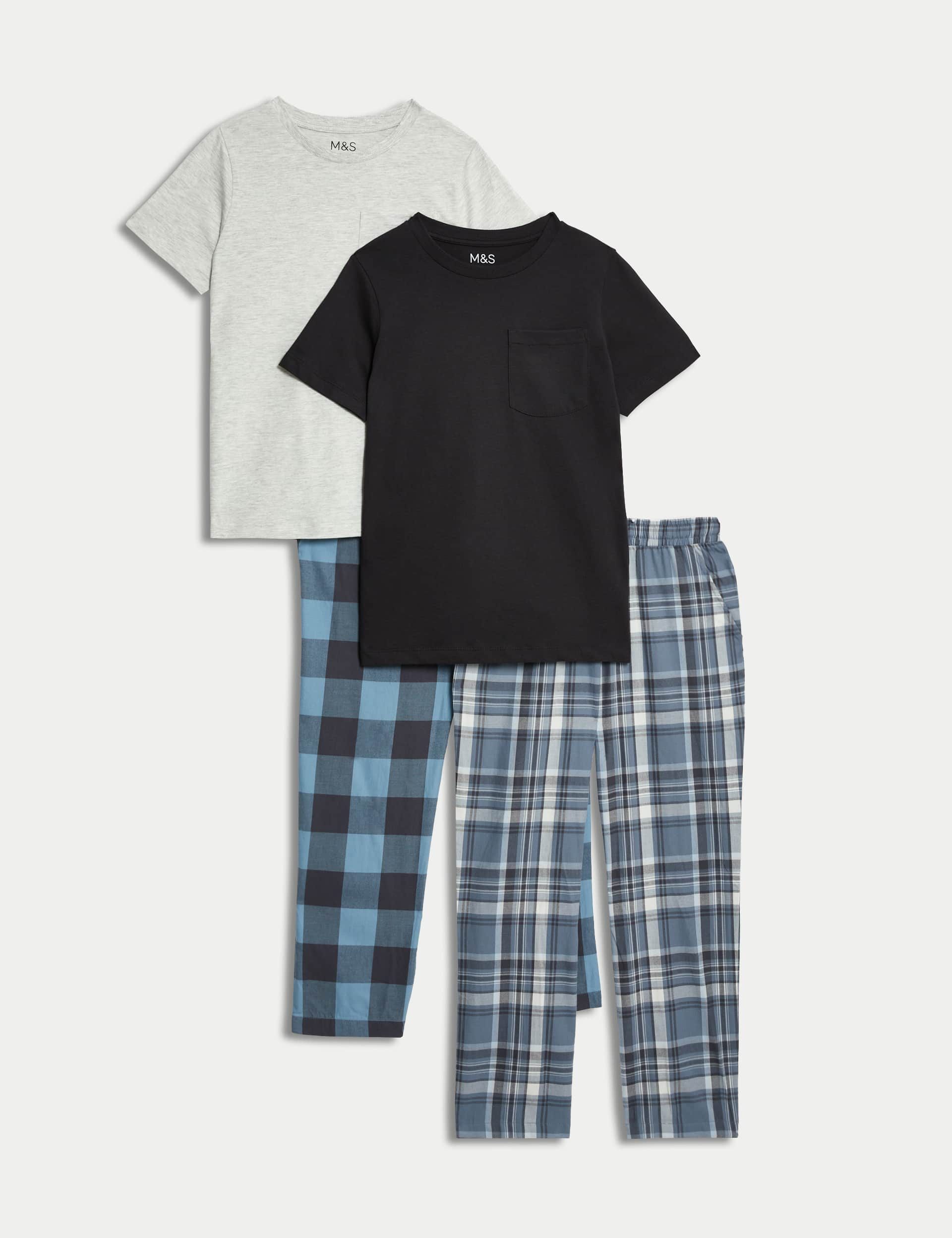 M&S Boys 2pk Cotton Rich Checked Pyjama Sets (6-16 Yrs) - 12-13 - Black Mix, Black Mix