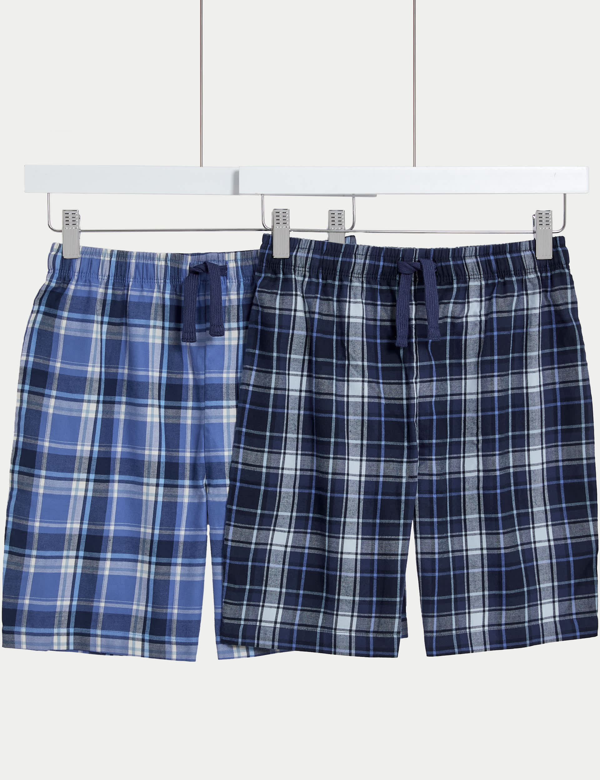 M&S Boys 2pk Pure Cotton Checked Shorts (6-16 Yrs) - 15-16 - Blue Mix, Blue Mix