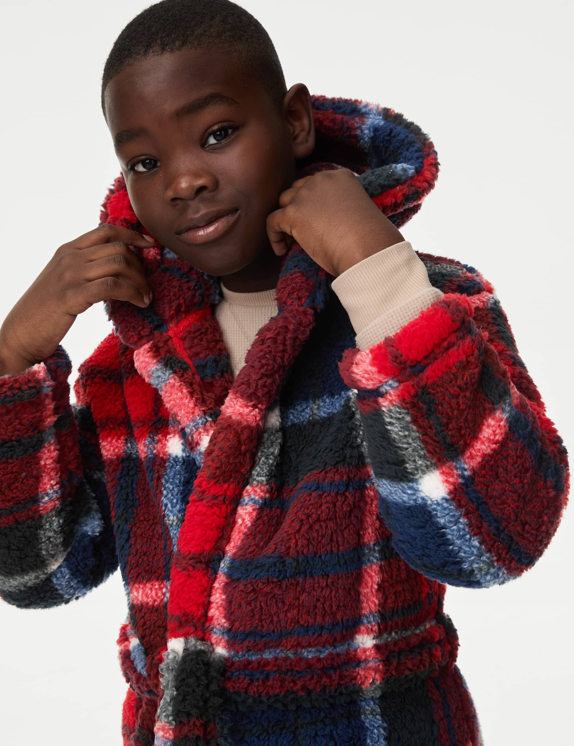 M&S Collection Boys Checked Hooded Dressing Gown (1-16 Yrs) - 12-13 - Red Mix, Red Mix