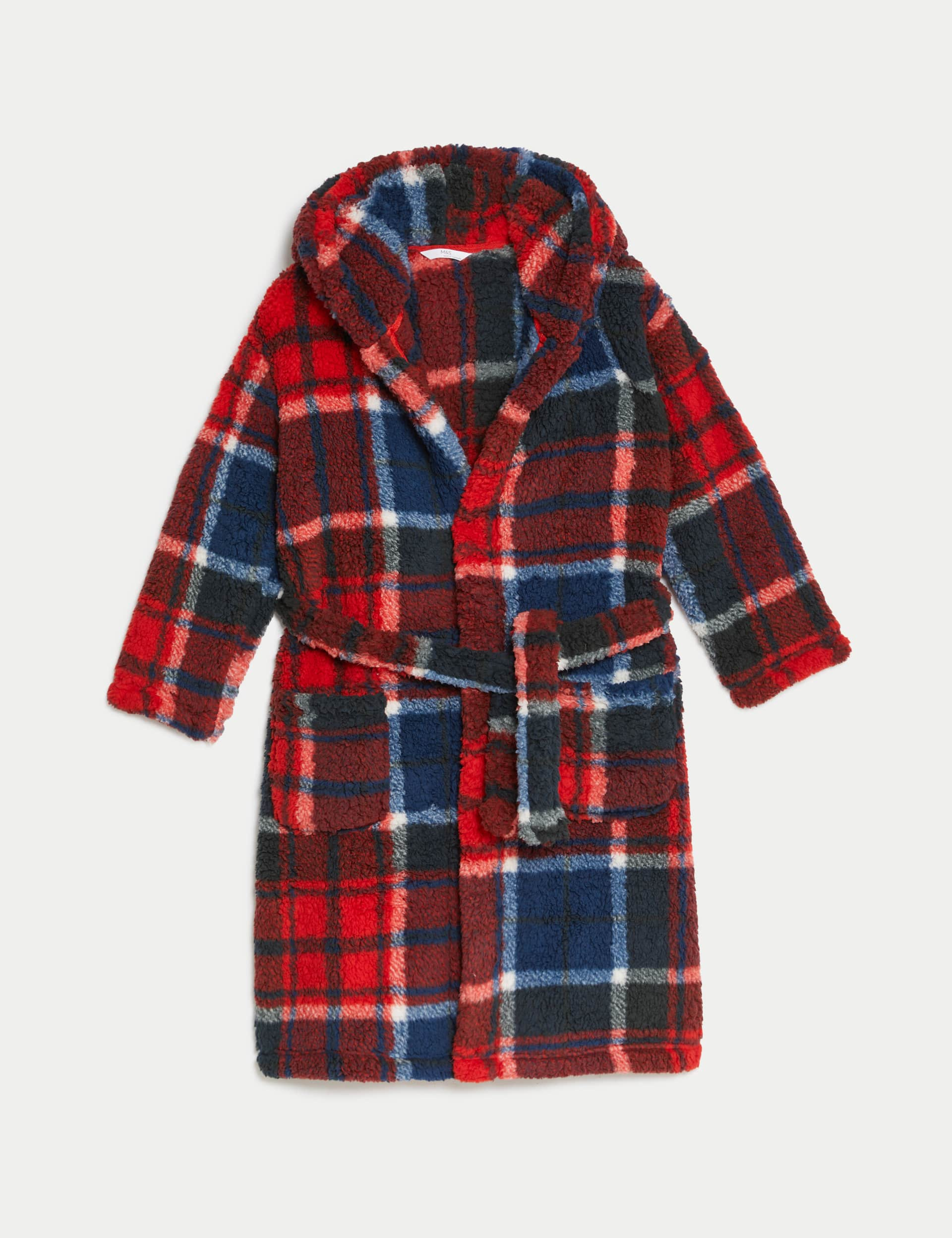 M&S Boys Checked Hooded Dressing Gown (1-16 Yrs) - 6-7 Y - Red Mix, Red Mix