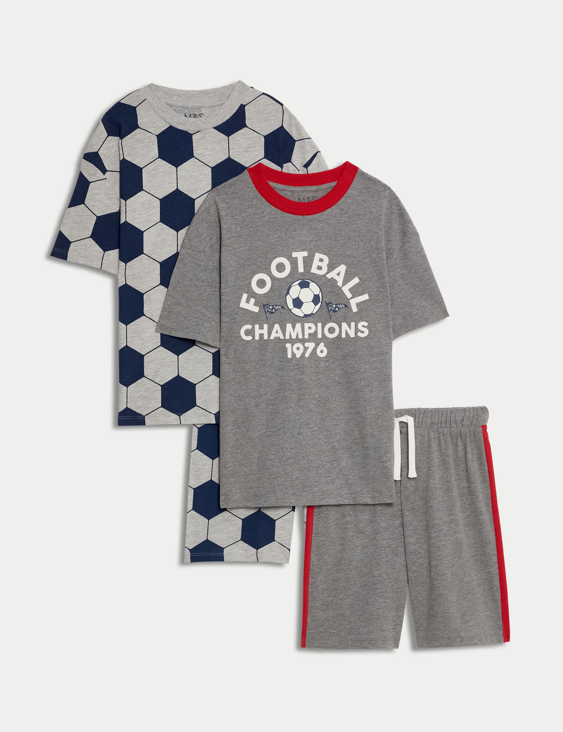 M&S Boys 2pk Cotton Rich Football Pyjama Sets (6-16 Yrs) - 13-14 - Grey Mix, Grey Mix