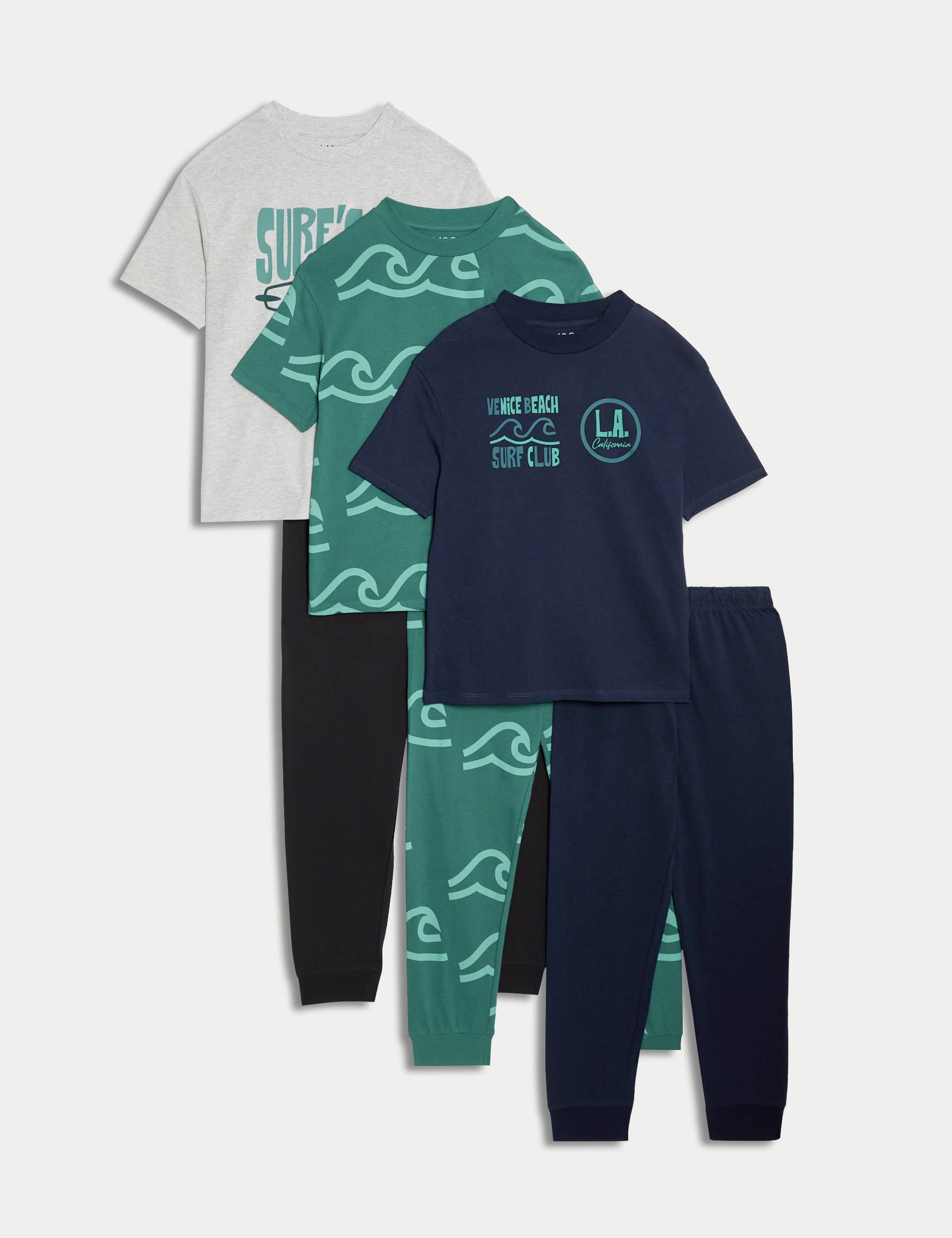 M&S Boys 3pk Pure Cotton Surf Print Pyjama Sets (6-16 Yrs) - 12-13 - Cedar, Cedar