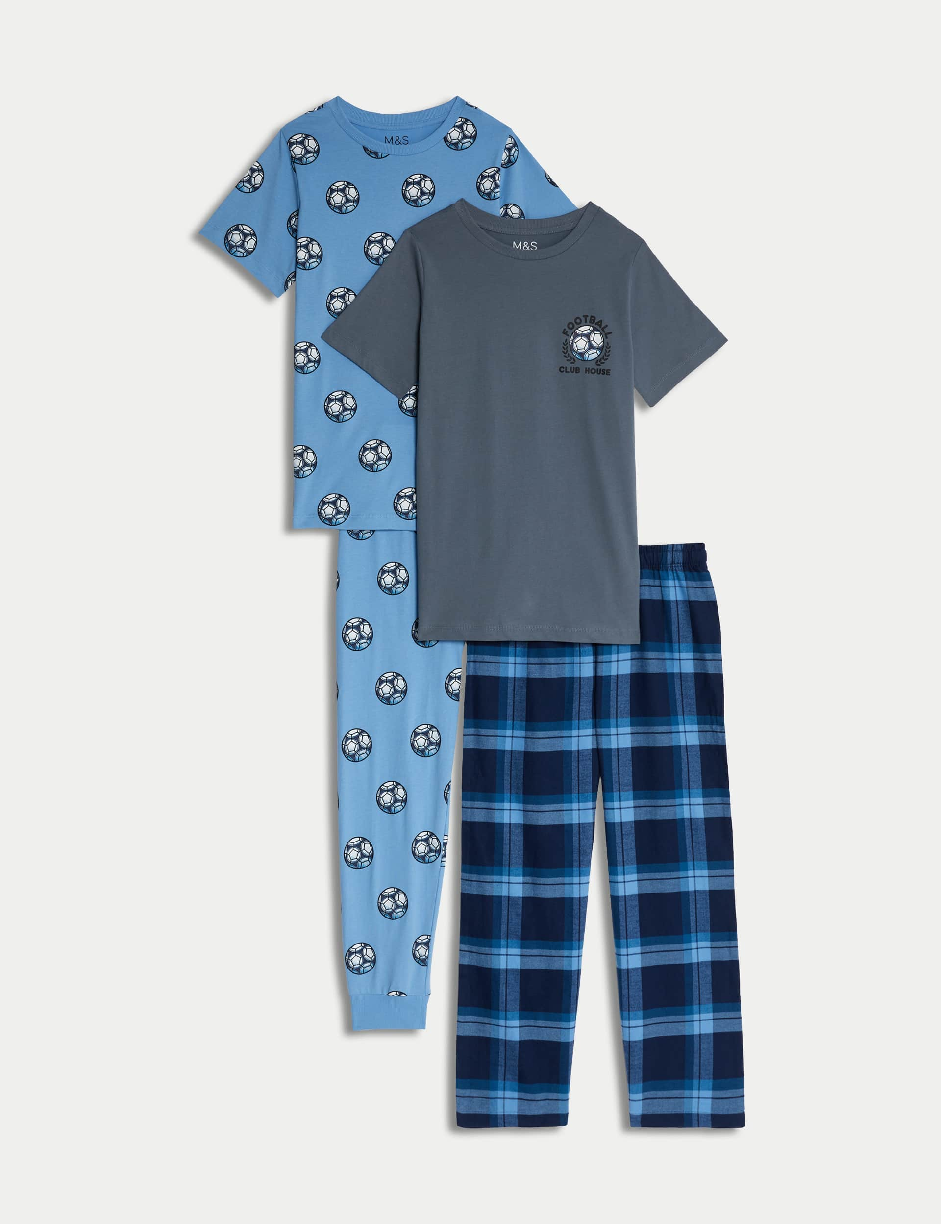 M&S Boys 2pk Pure Cotton Football Pyjama Sets (1-16 Yrs) - 8-9 Y - Fresh Blue, Fresh Blue