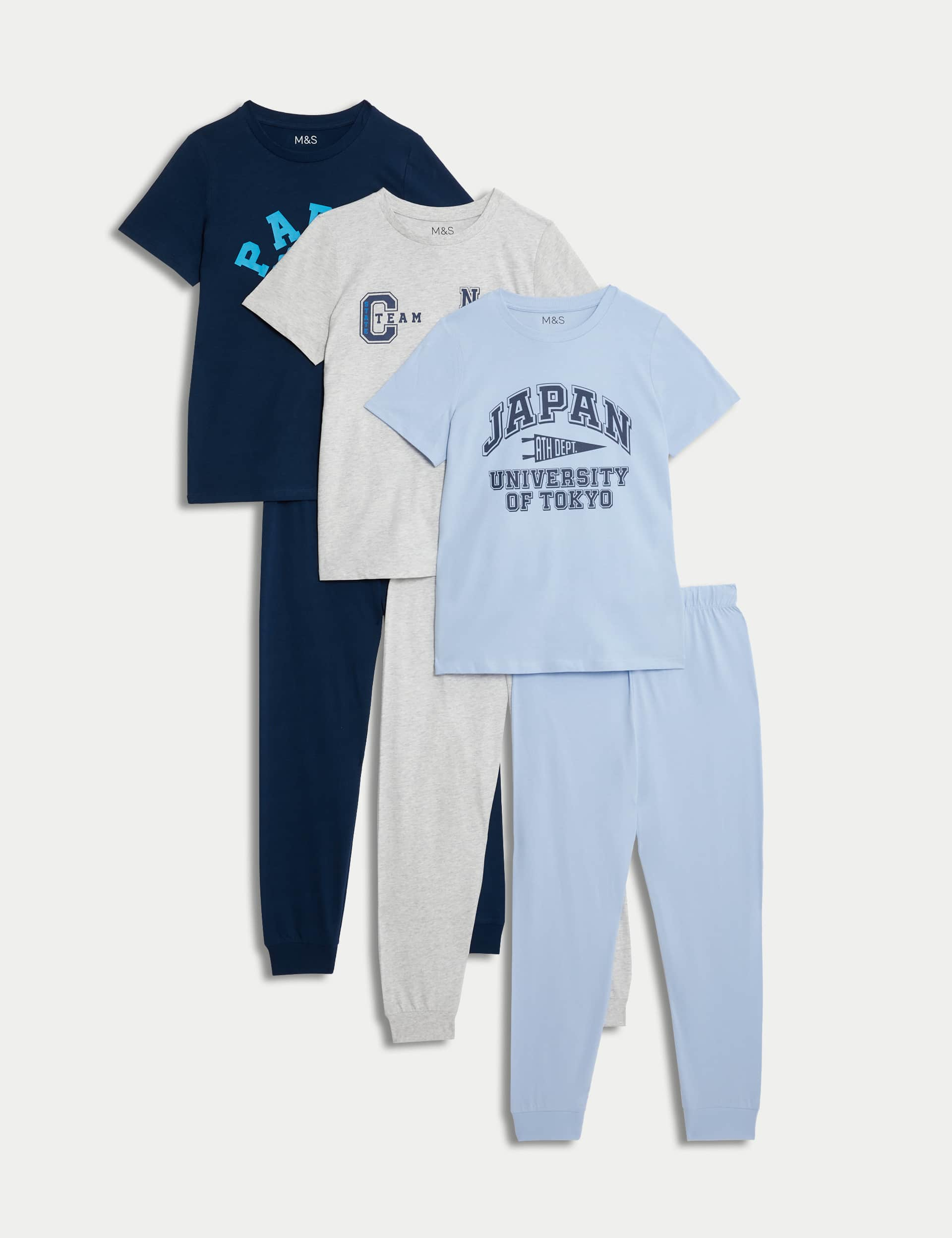 M&S Boys 3pk Pure Cotton Varsity Print Pyjama Sets (6-16 Yrs) - 12-13 - Indigo, Indigo