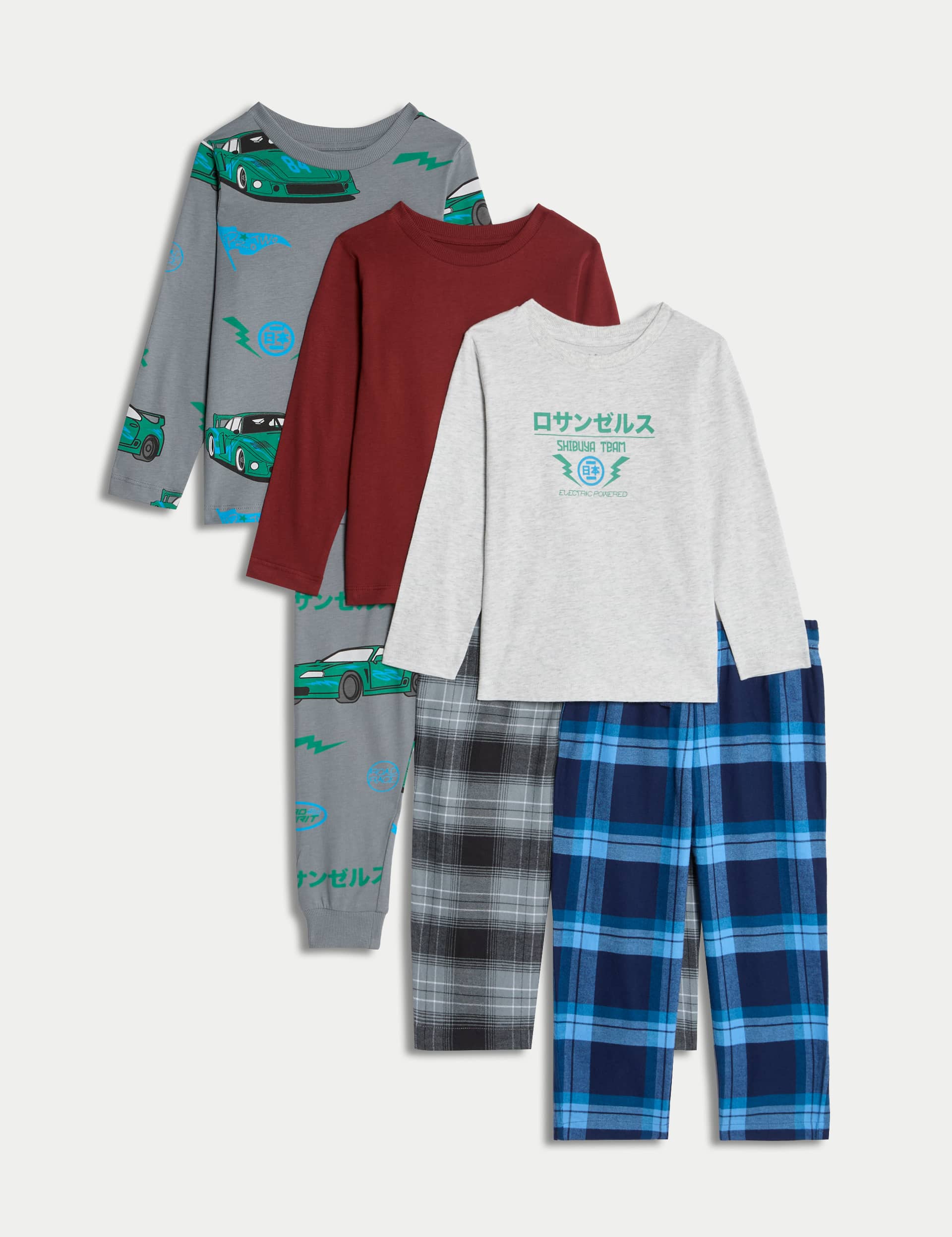 M&S Boys 3pk Pure Cotton Racing Car Pyjama Sets (1-16 Yrs) - 9-10Y - Indigo, Indigo