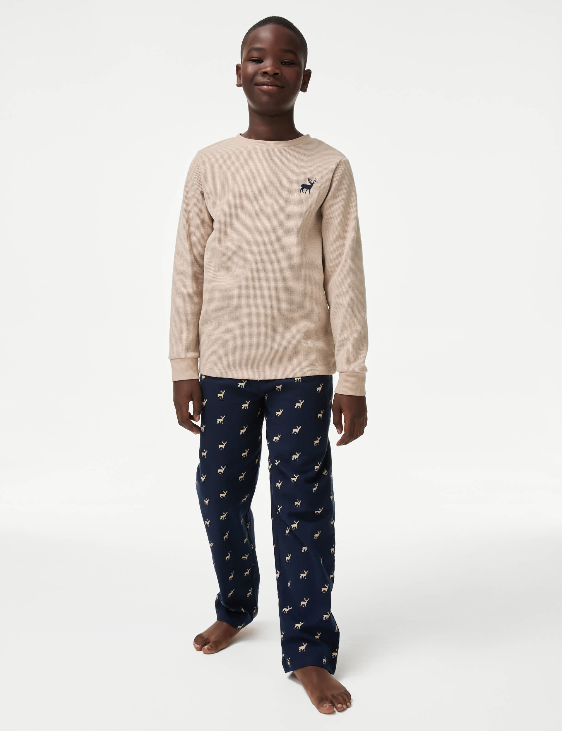 M&S Boys Waffle Stag Pyjamas (1-16 Yrs) - 6-7 Y - Navy, Navy