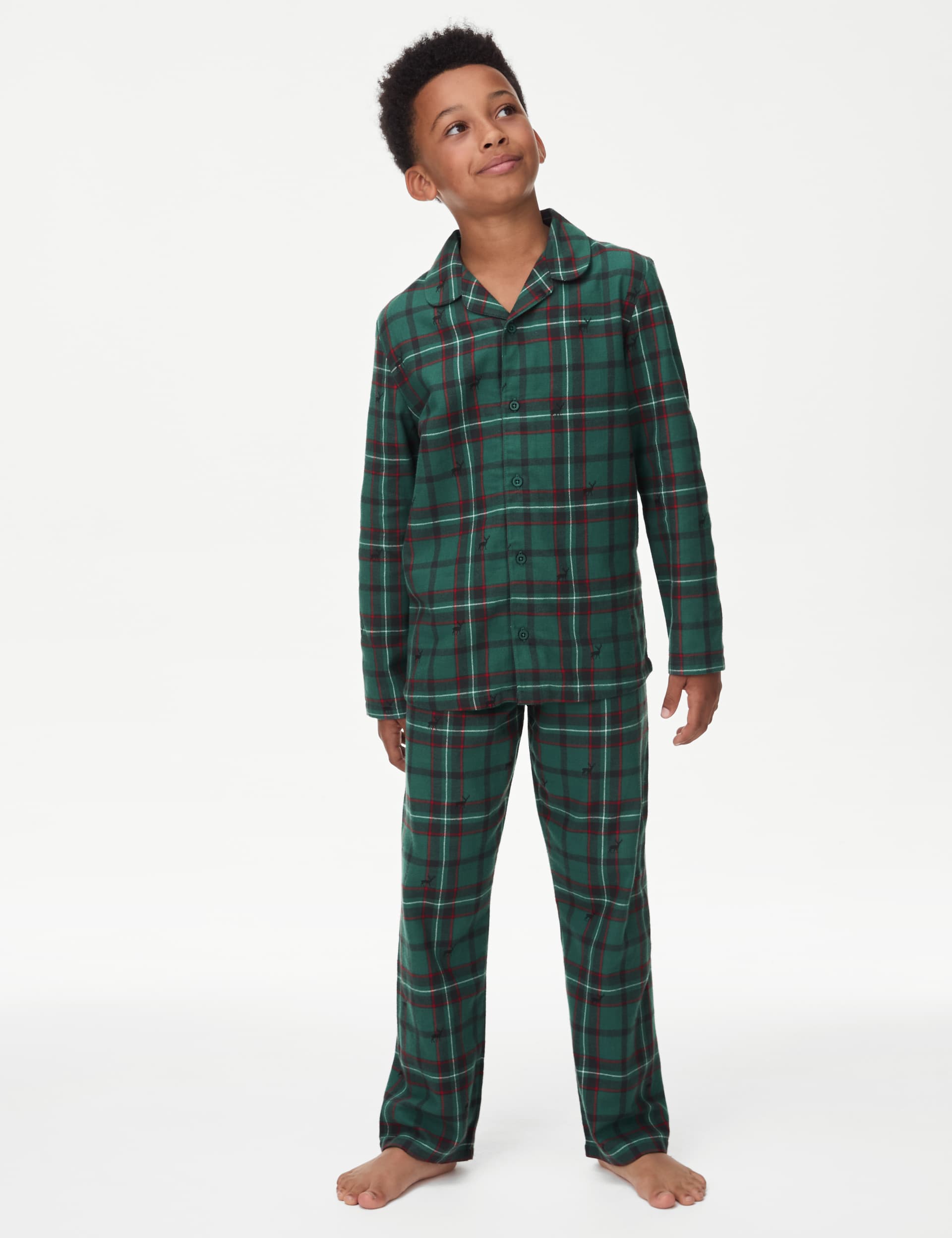 M&S Boys Pure Cotton Checked Pyjamas (1-16 Yrs) - 5-6 Y - Green, Green