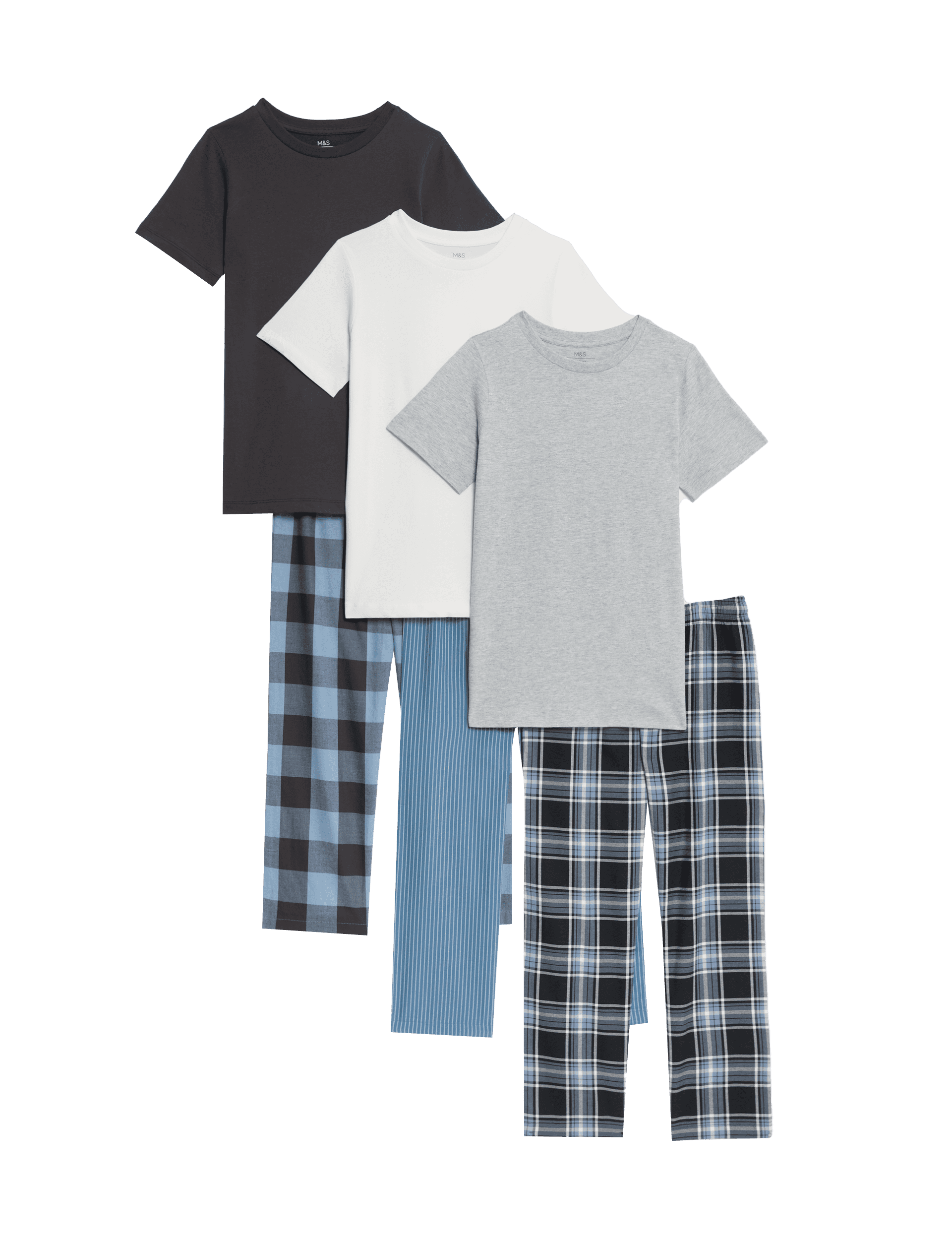 M&S Collection Boys 3pk Pure Cotton Printed Pyjama Sets (3-16 Yrs) - 6-7 Y - Blue Mix, Blue Mix