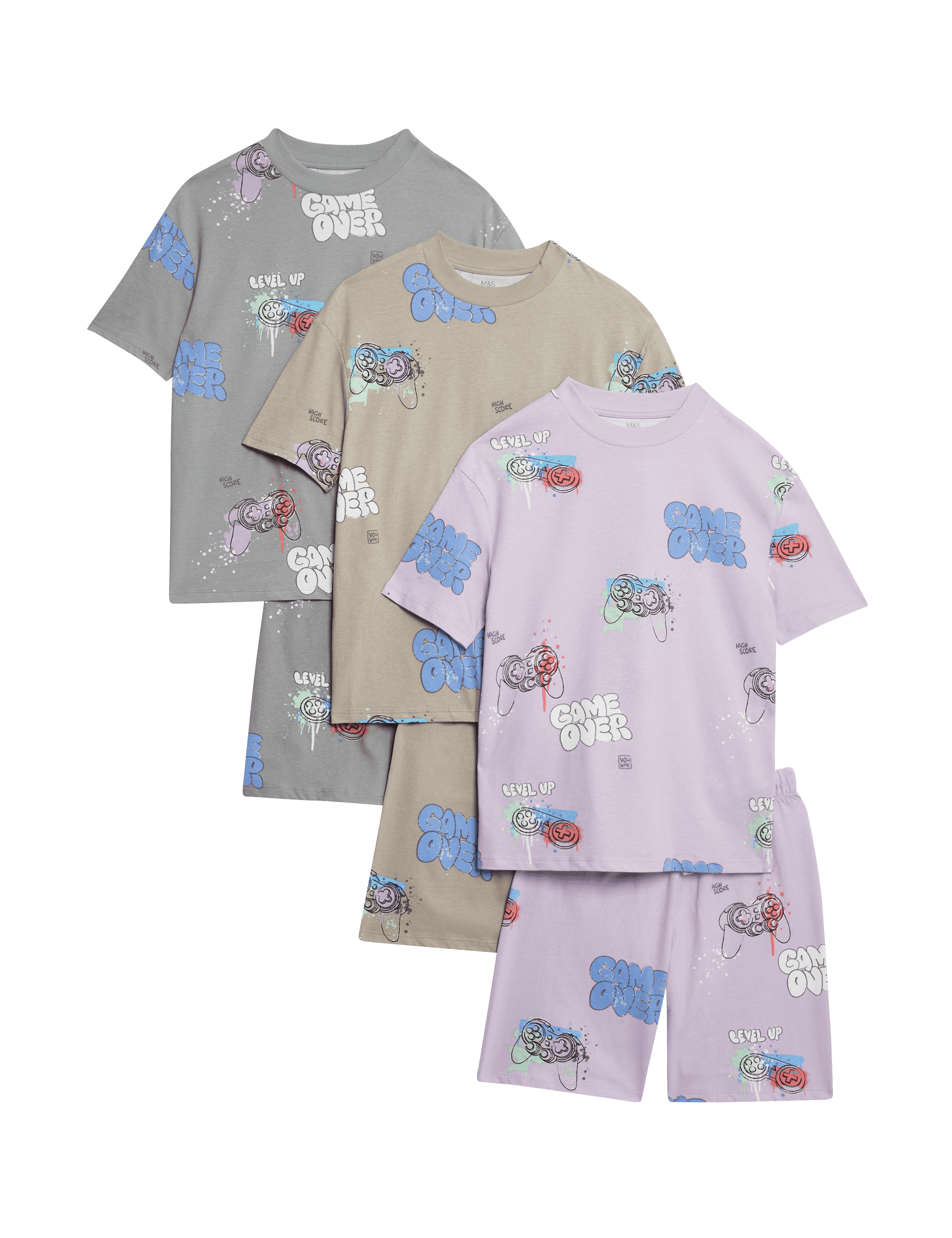 M&S Collection Boys 3pk Pure Cotton Gaming Pyjama Sets (6-16 Yrs) - 13-14 - Multi, Multi