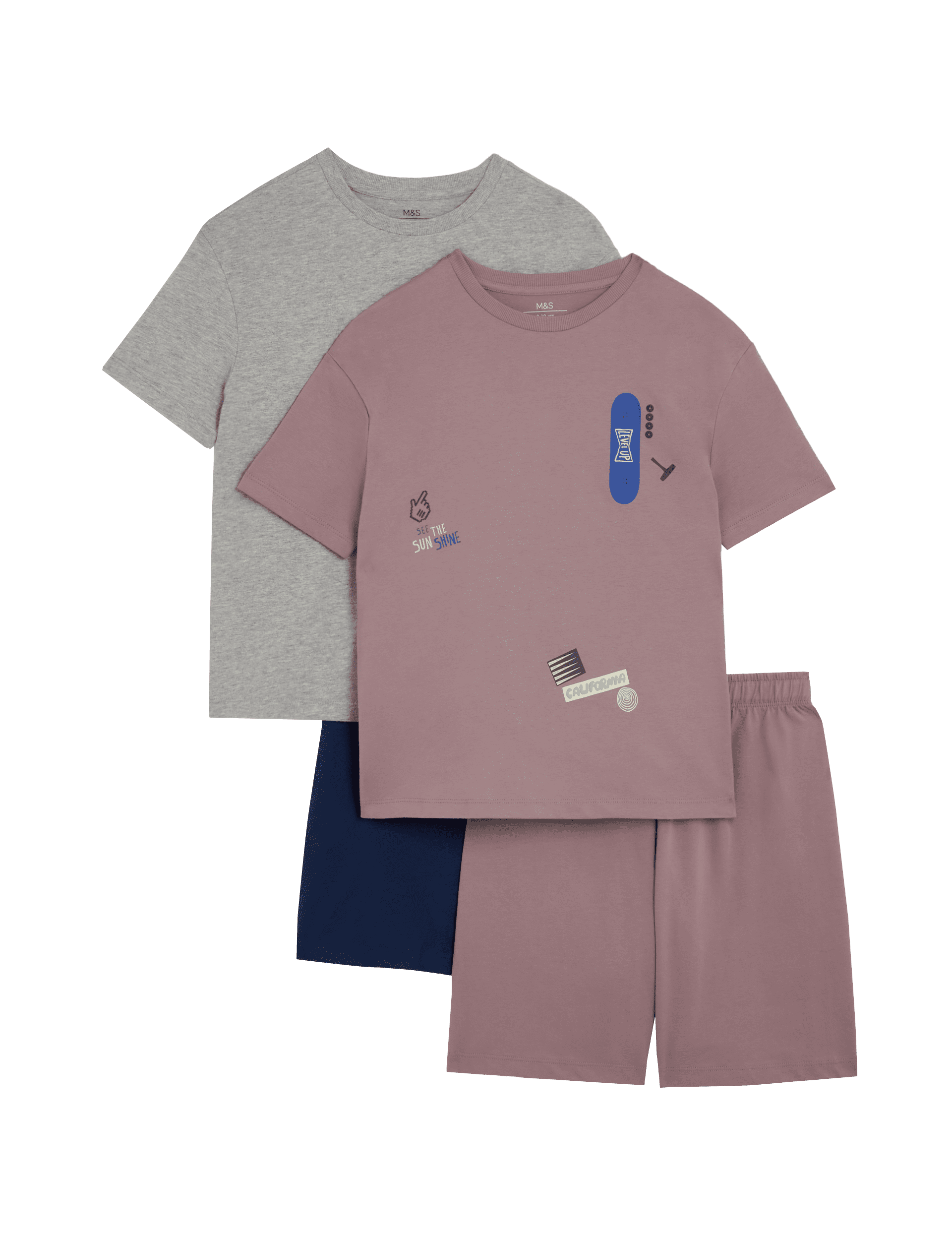 M&S Collection Boys 2 Pack Pure Cotton Skate Pyjama Sets (6-16 Yrs) - 13-14 - Purple, Purple