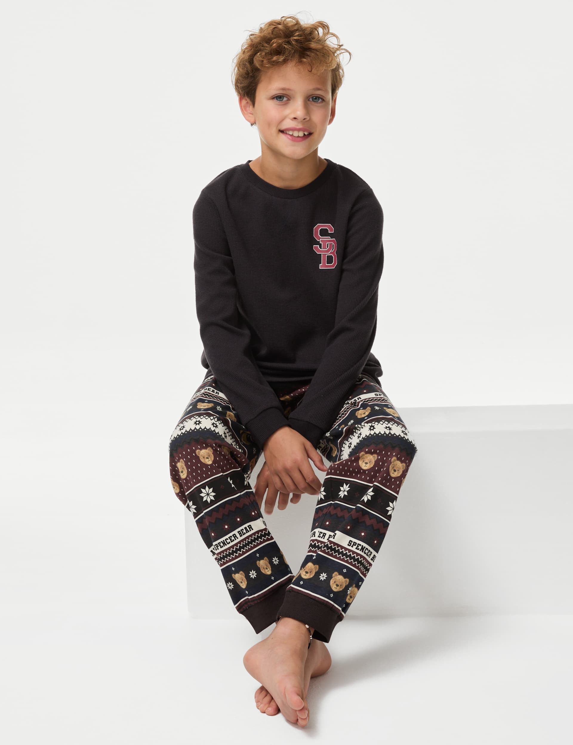 Boys Cotton Blend Spencer Bear Pyjamas (1-16 Yrs) - 13-14 - Navy Mix, Navy Mix