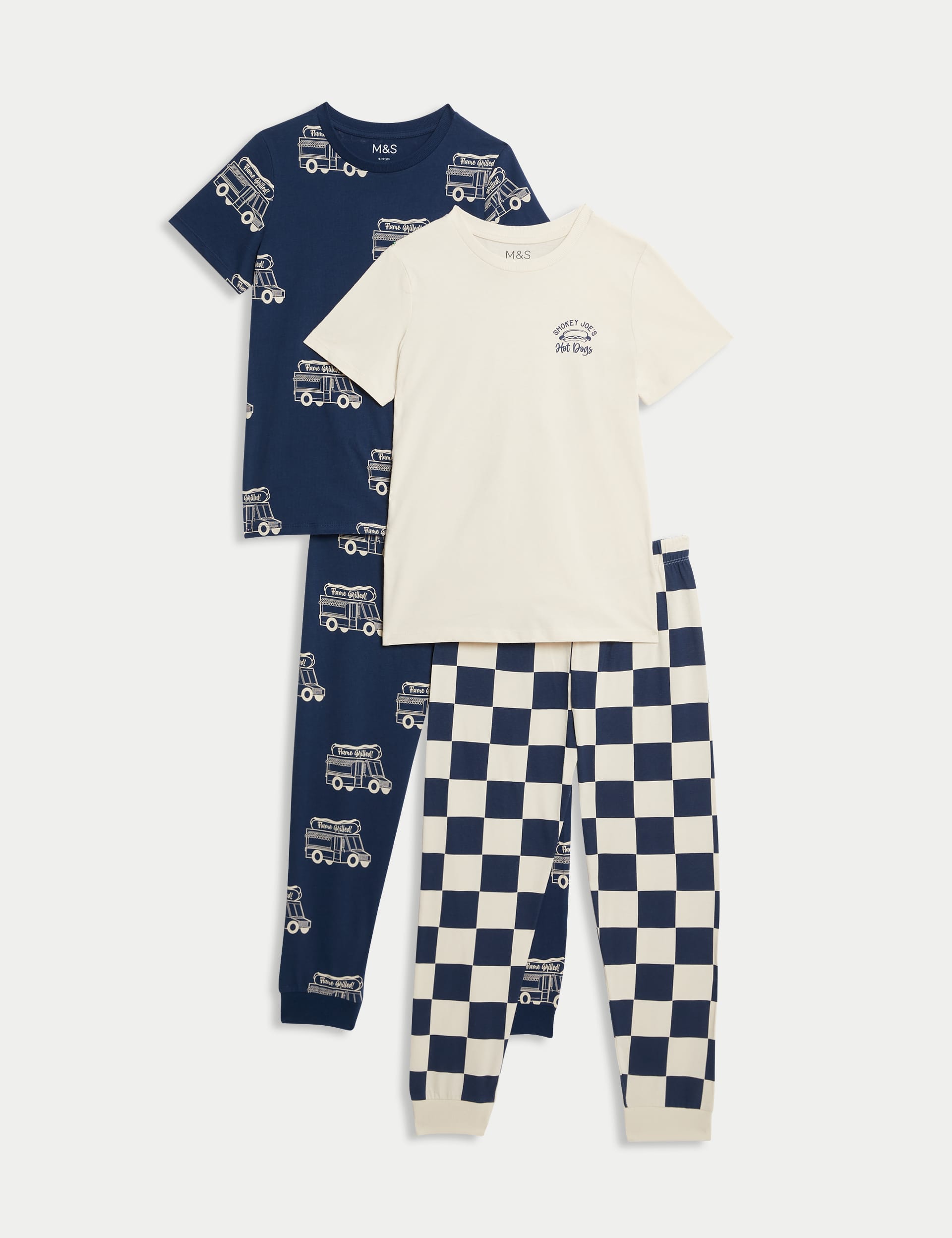 M&S Boys 2pk Pure Cotton Food Truck Pyjama Sets (6-16 Yrs) - 13-14 - Indigo, Indigo