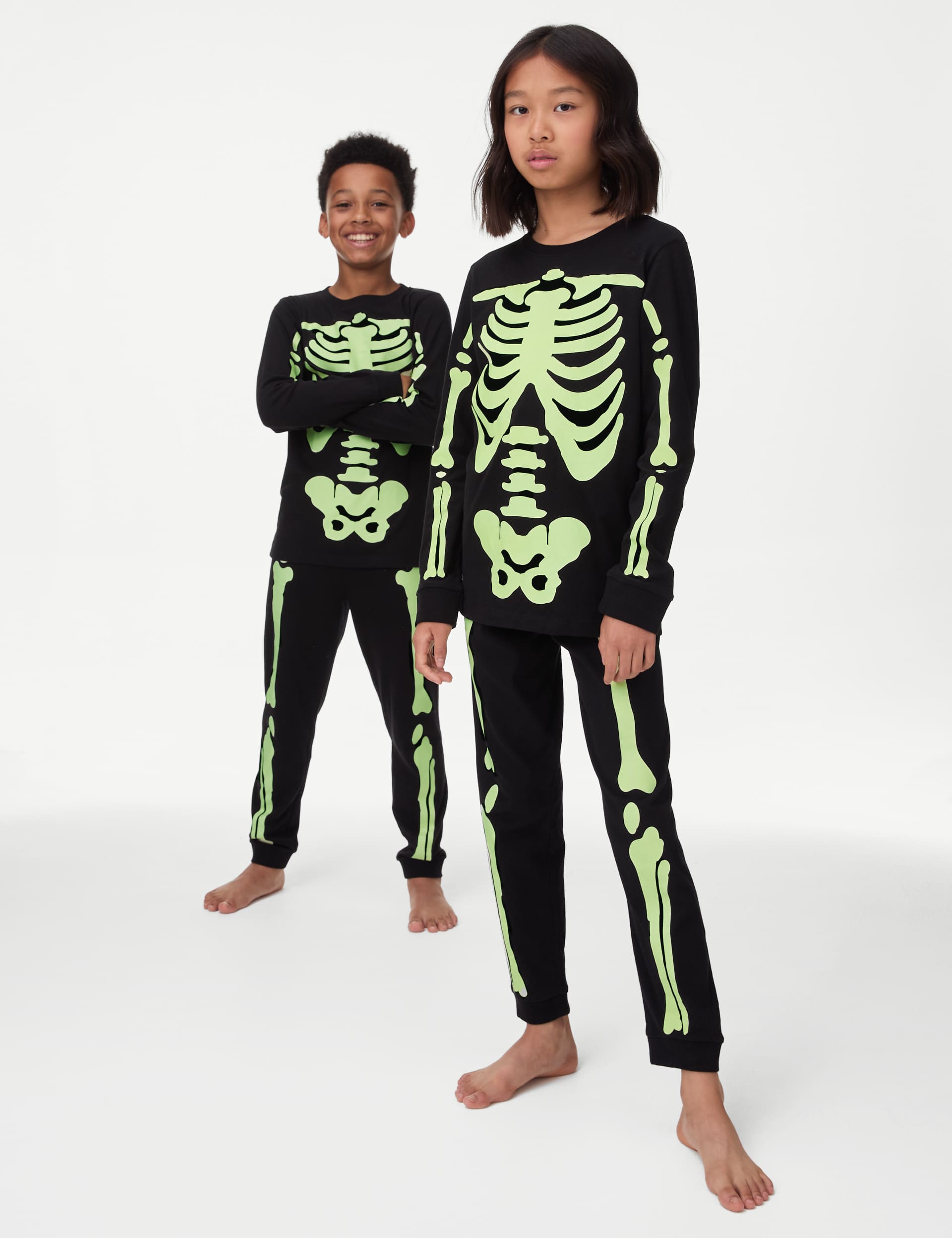 M&S Boys Pure Cotton Glow In The Dark Skeleton Pyjamas (1-16 Yrs) - 1-2Y - Black, Black