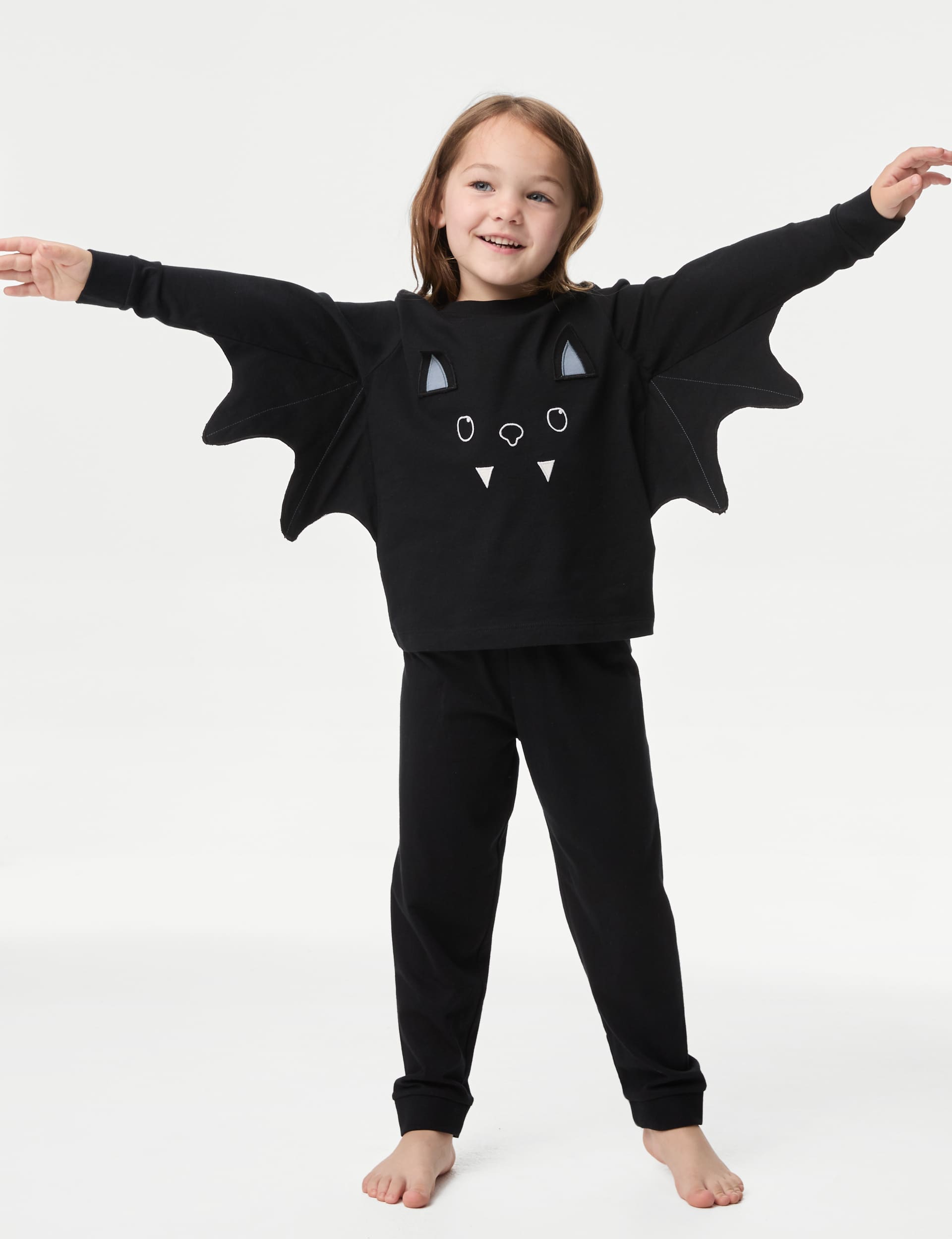 M&S Girls Pure Cotton Batwing Pyjamas (1-8 Yrs) - 2-3 Y - Black, Black