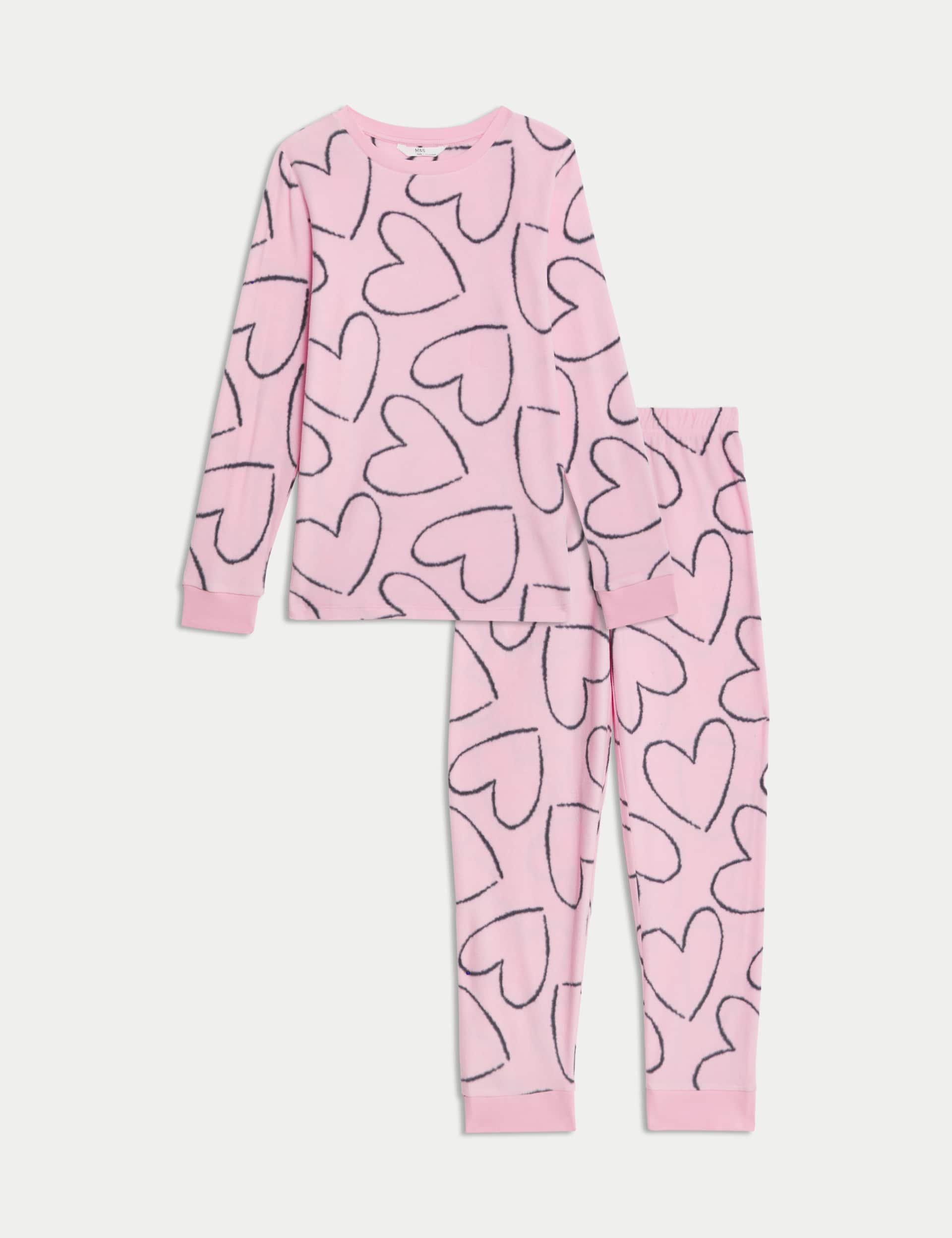 M&S Girls Fleece Heart Pyjamas (1-16 Yrs) - 6-7 Y - Pink, Pink