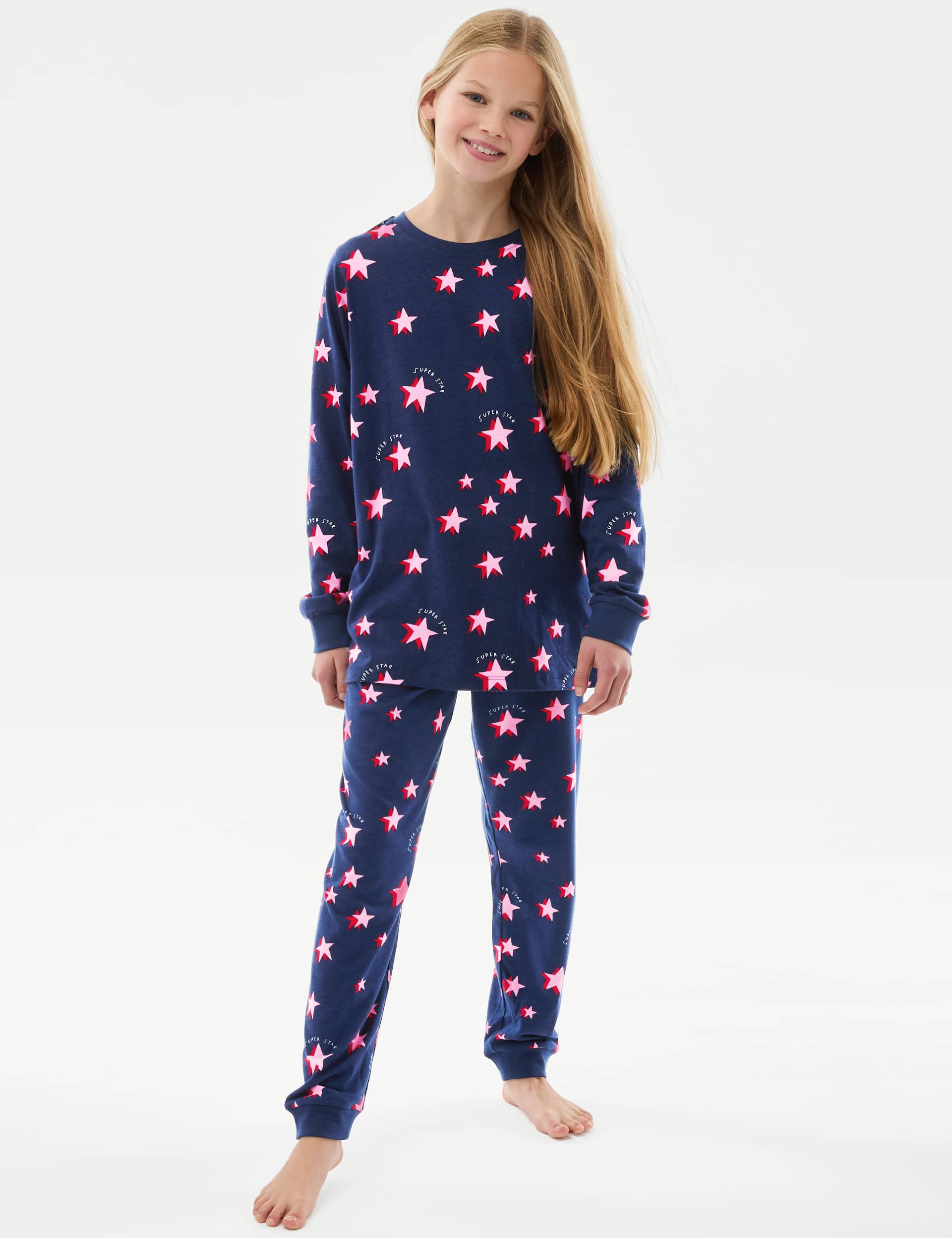 M&S Girls Pure Cotton Star Pyjamas (1-16 Yrs) - 8-9 Y - Navy, Navy