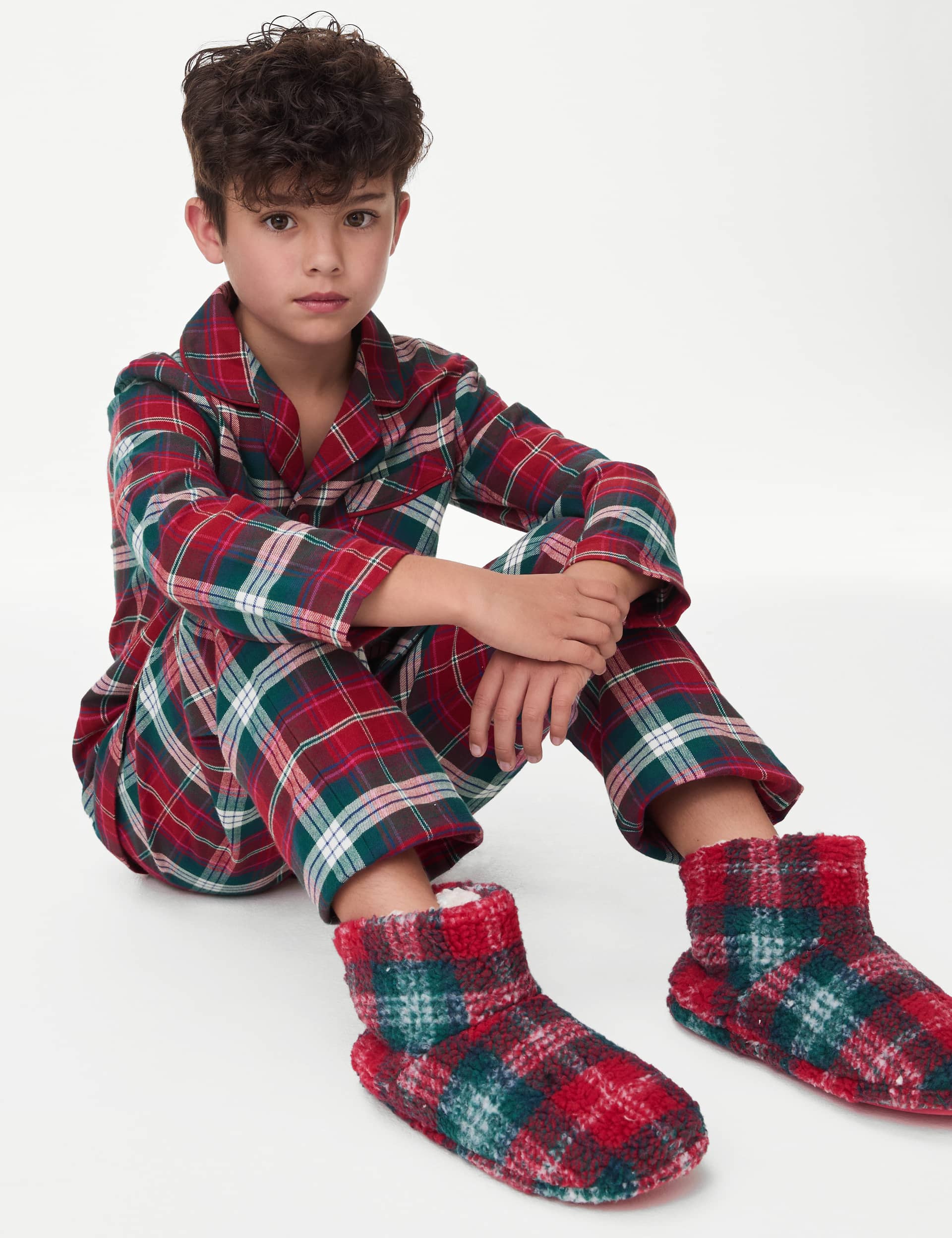 M&S Kids Checked Family Christmas Pyjama Set (1-16 Yrs) - 13-14 - Red, Red