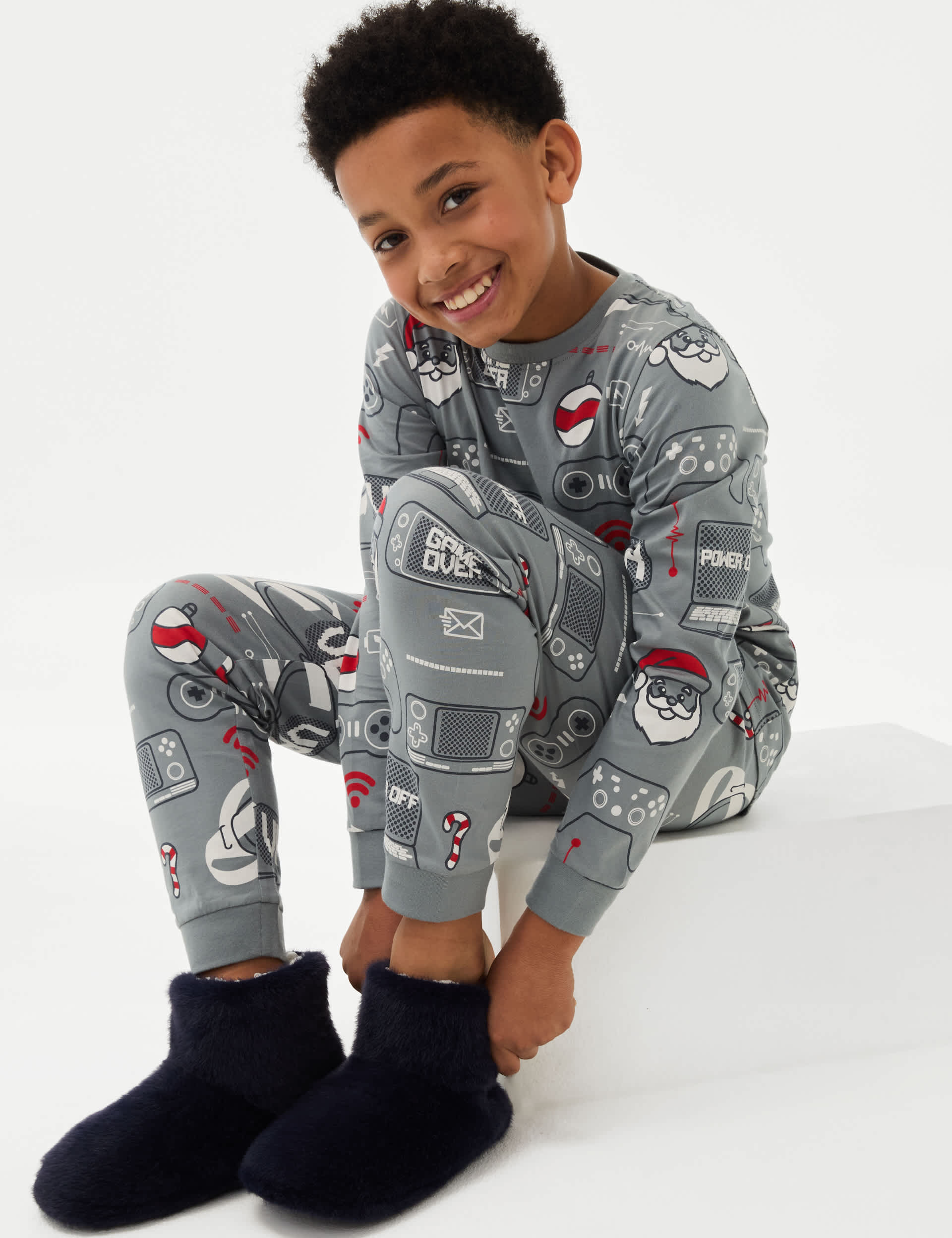 M&S Boys Cotton Rich Santa Gaming Pyjamas (1-16 Yrs) - 8-9 Y - Grey, Grey