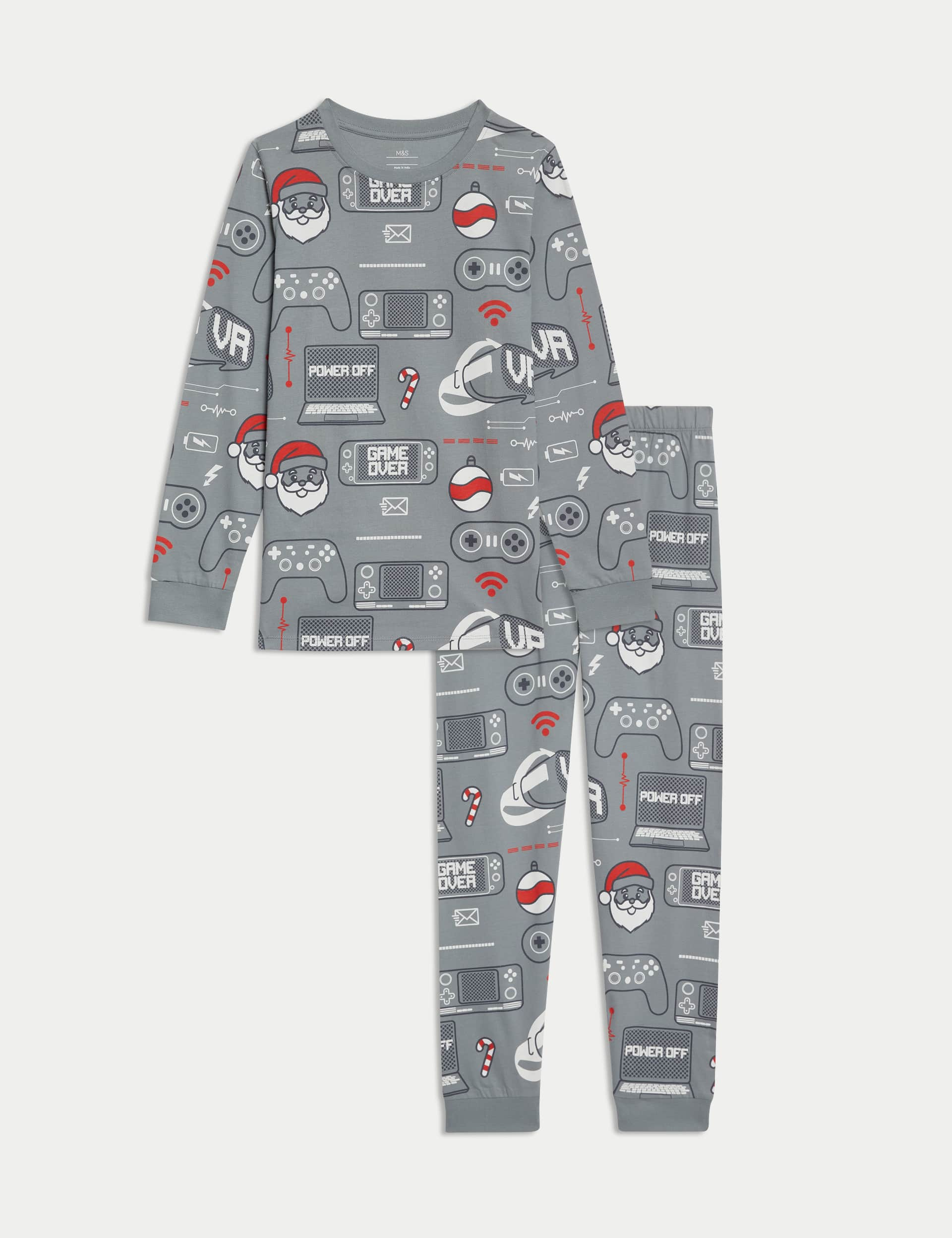 M&S Boys Cotton Rich Santa Gaming Pyjamas (1-16 Yrs) - 7-8 Y - Grey, Grey