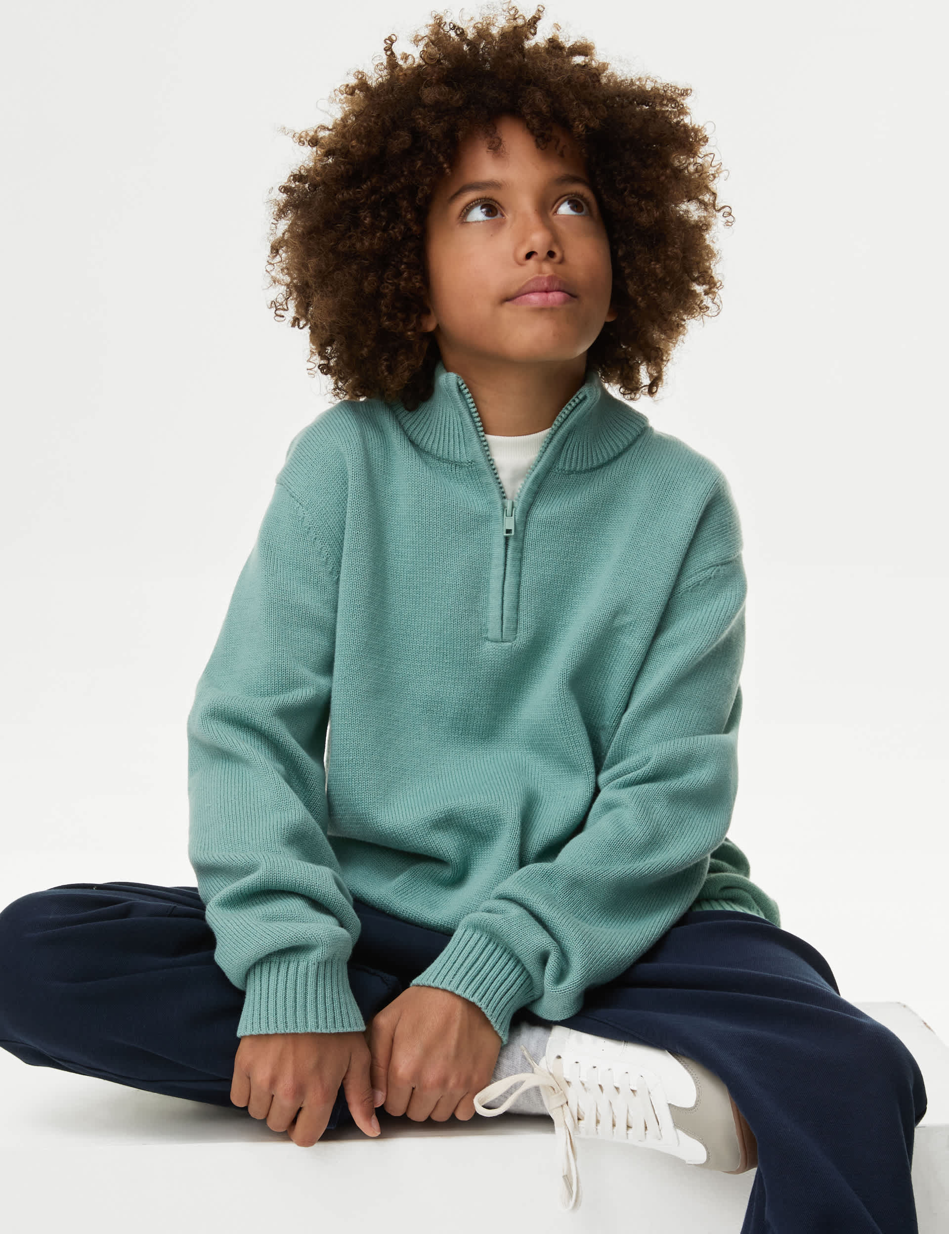 M&S Boys Half Zip Knitted Jumper (6-16 Yrs) - 10-11 - Green, Light Steel Blue,Black,Green,Navy