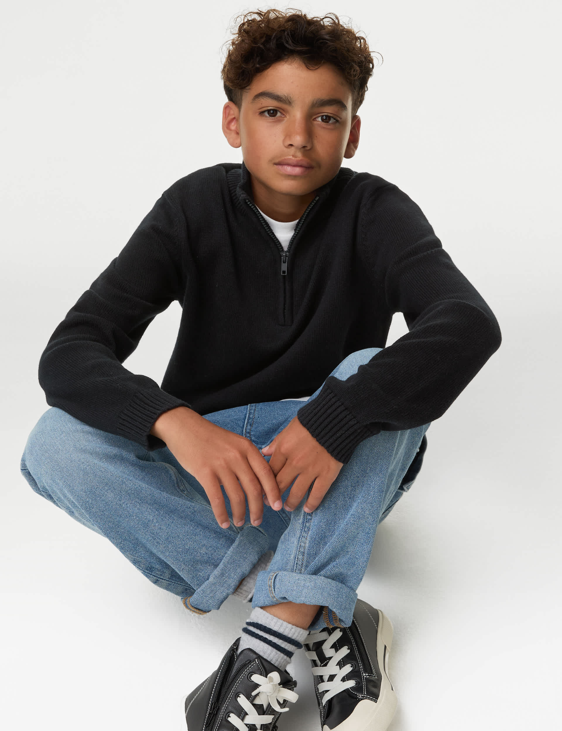 M&S Collection Boys Half Zip Knitted Jumper (6-16 Yrs) - 7-8 Y - Black, Black,Light Steel Blue,Green