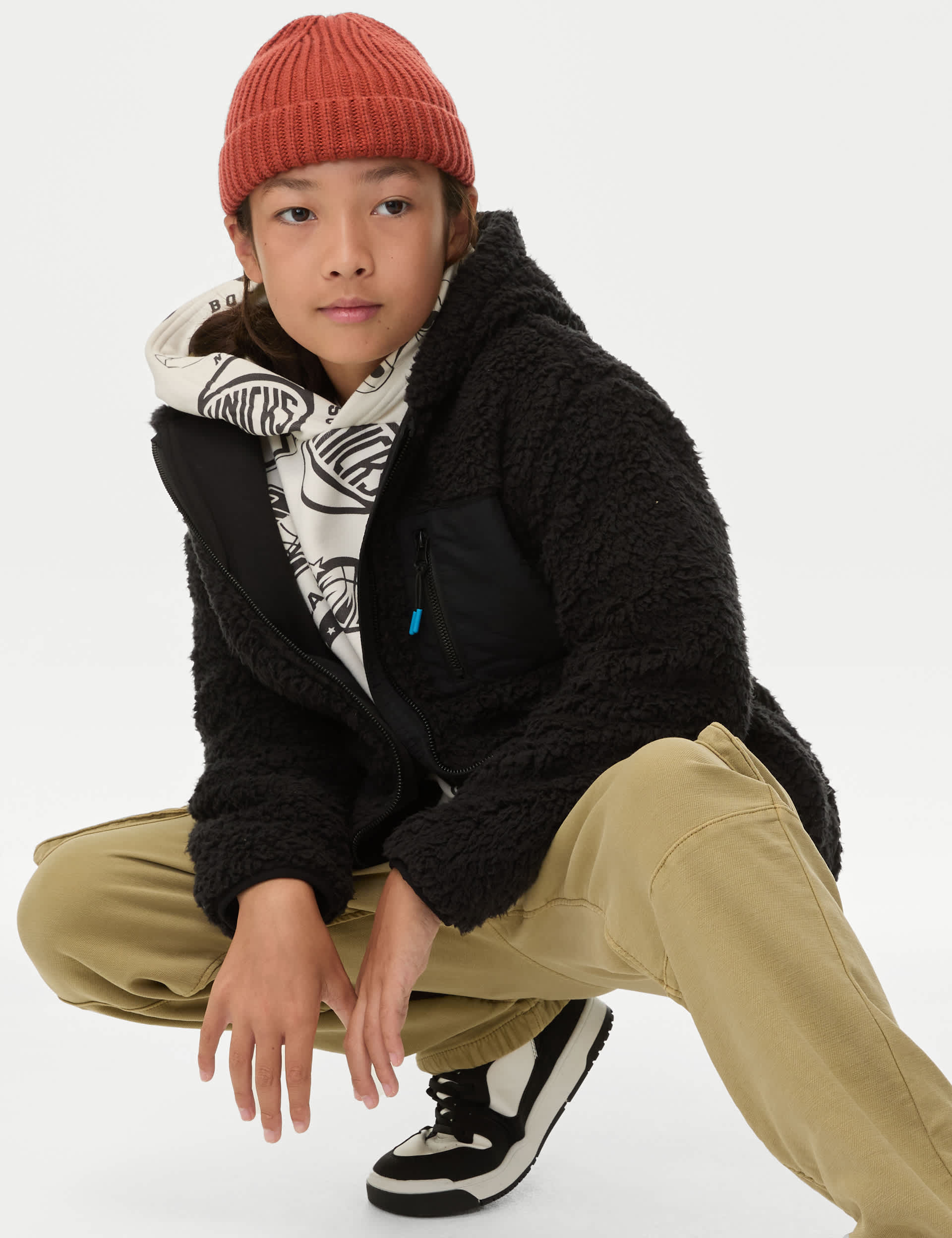 M&S Collection Boys Borg Hooded Zip Jacket (6-16 Yrs) - 11-12 - Black Mix, Stone Mix,Black Mix,Steel