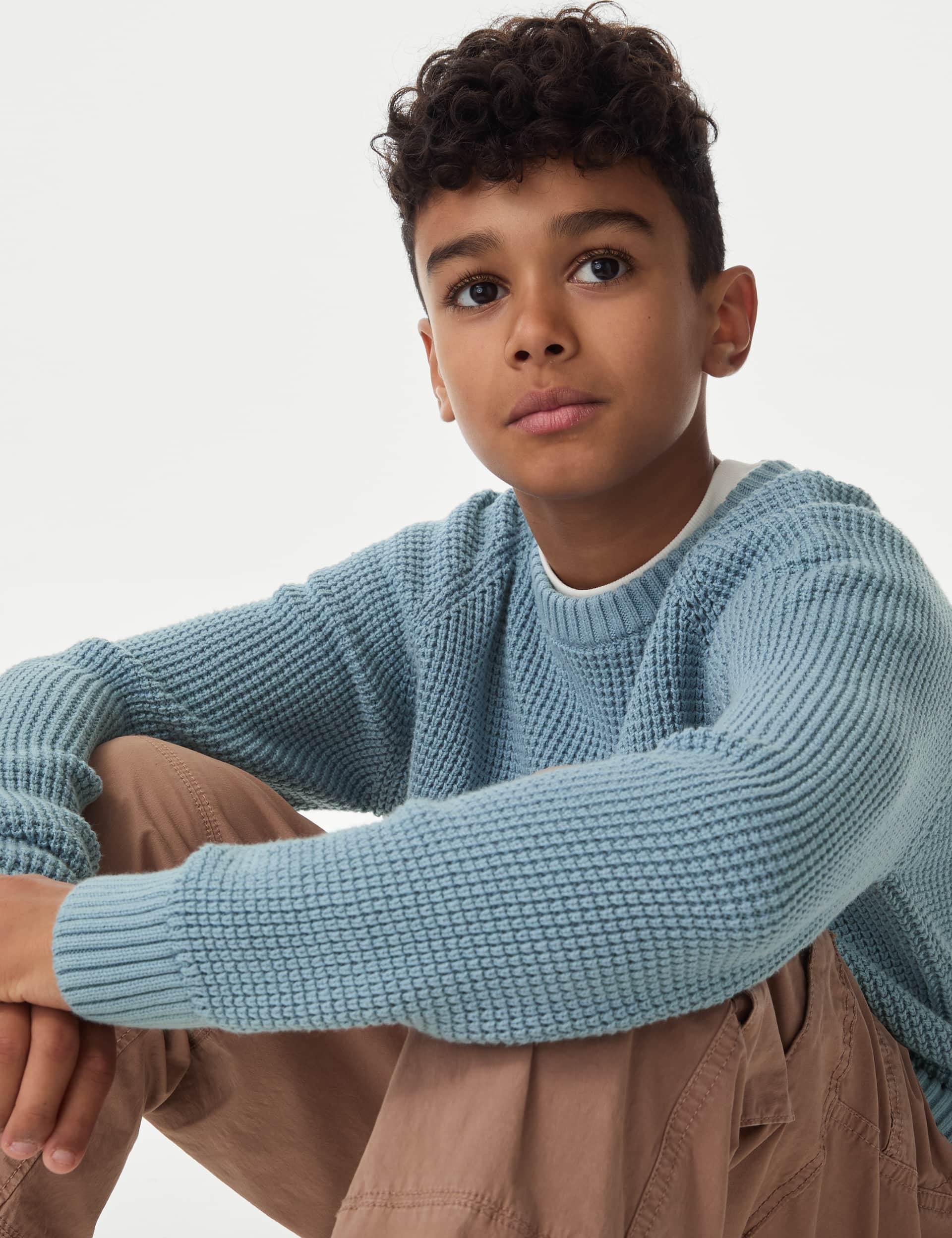 M&S Boys Pure Cotton Waffle Knit Jumper (2-16 Yrs) - 4-5 Y - Blue, Blue