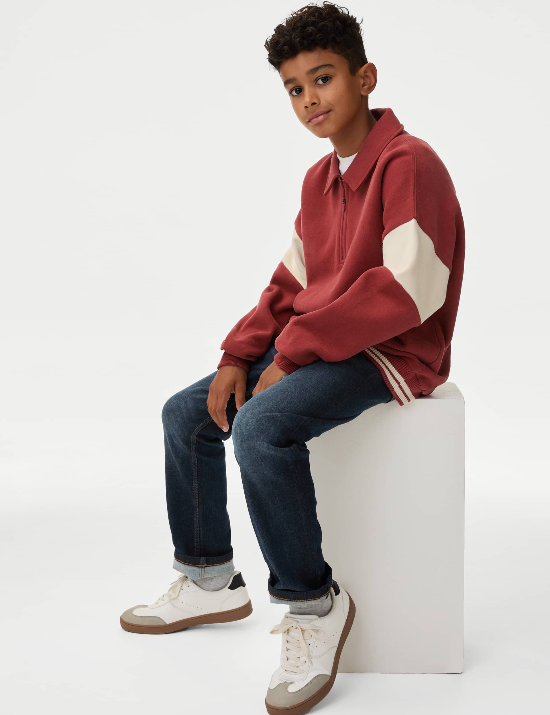 M&S Boys Cotton Rich Half Zip Sweatshirt (6-16 Yrs) - 7-8 Y - Red, Red