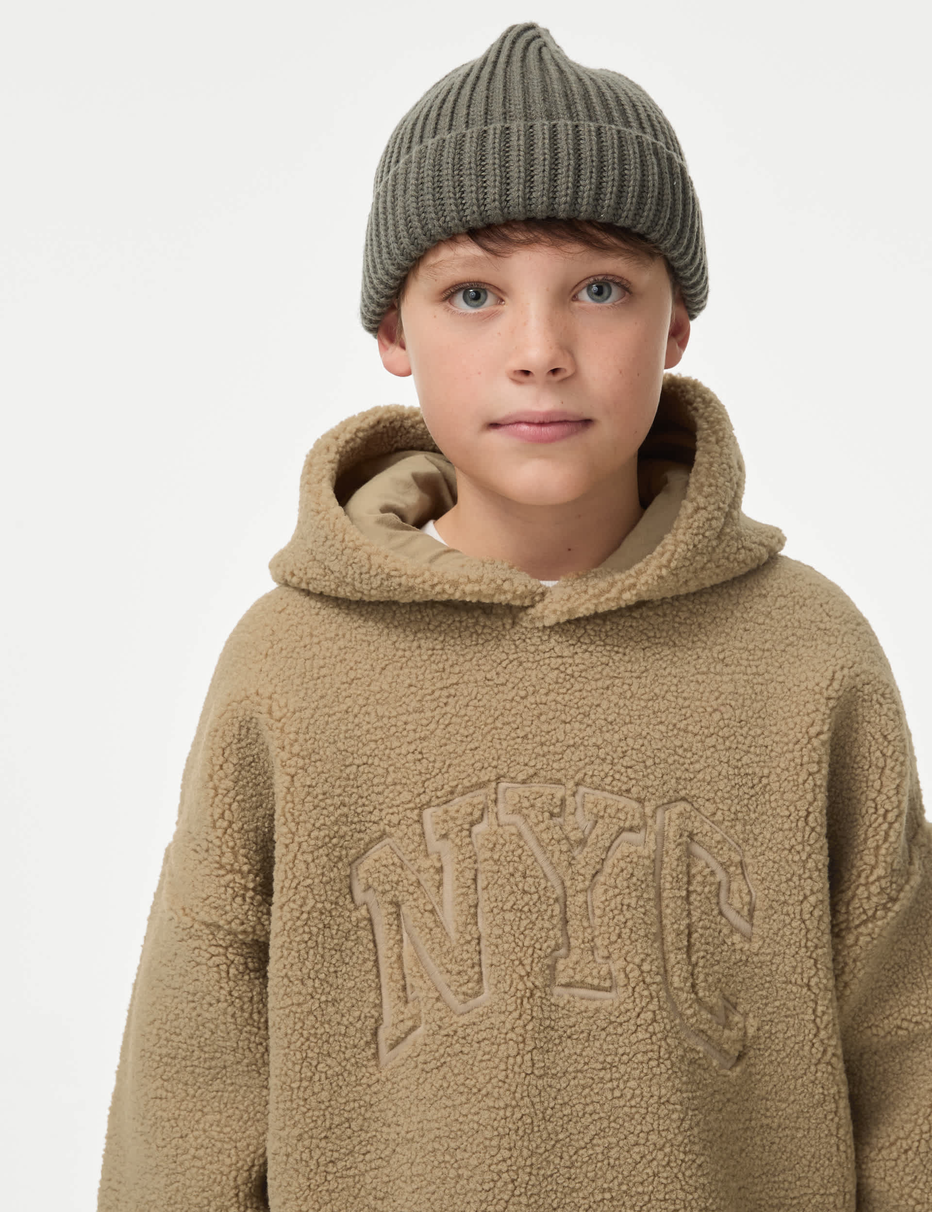 M&S Boys Borg NYC Hoodie (6-16 Yrs) - 3-4 Y - Brown, Brown