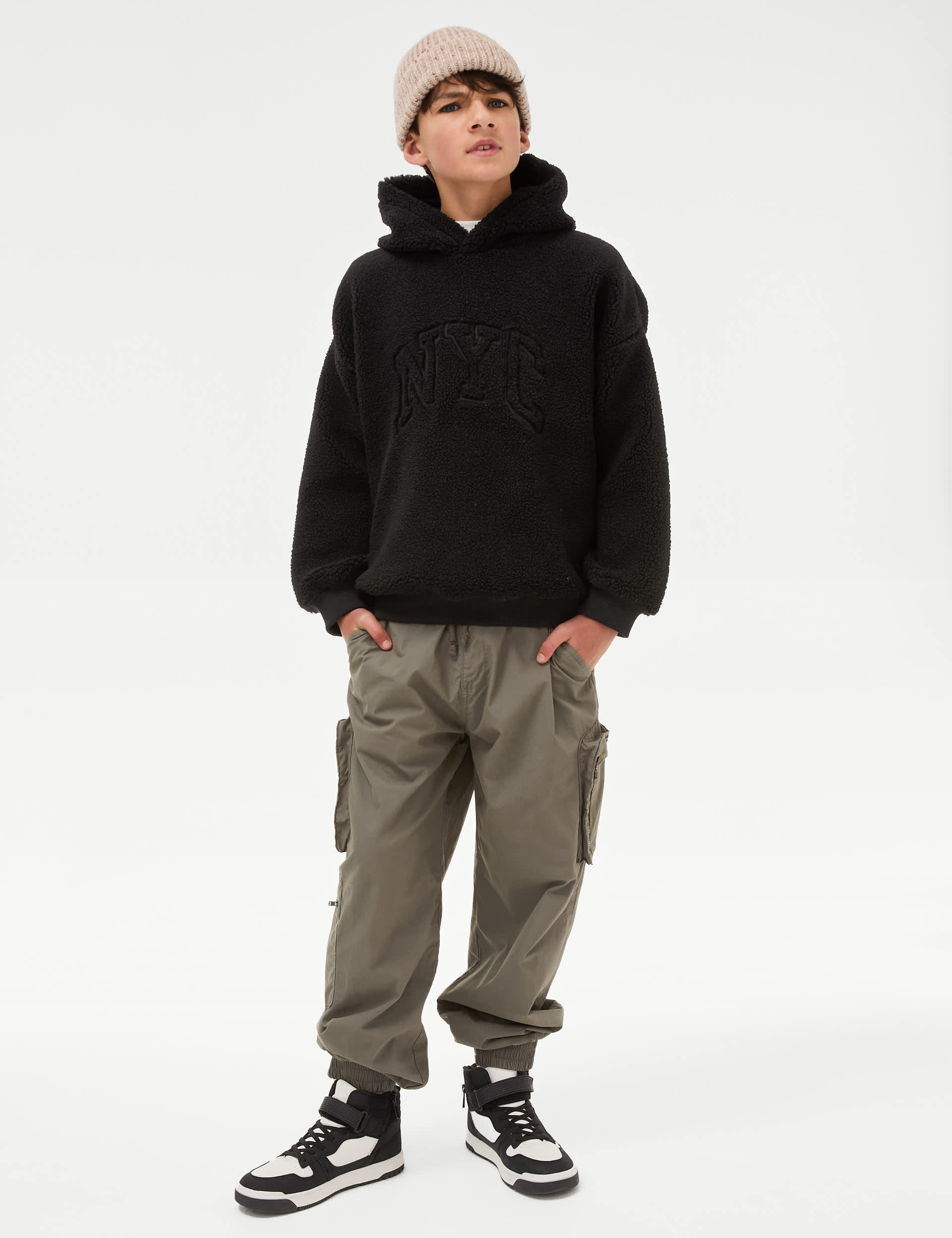 M&S Boys Borg NYC Hoodie (6-16 Yrs) - 8-9 Y - Black, Brown,Black