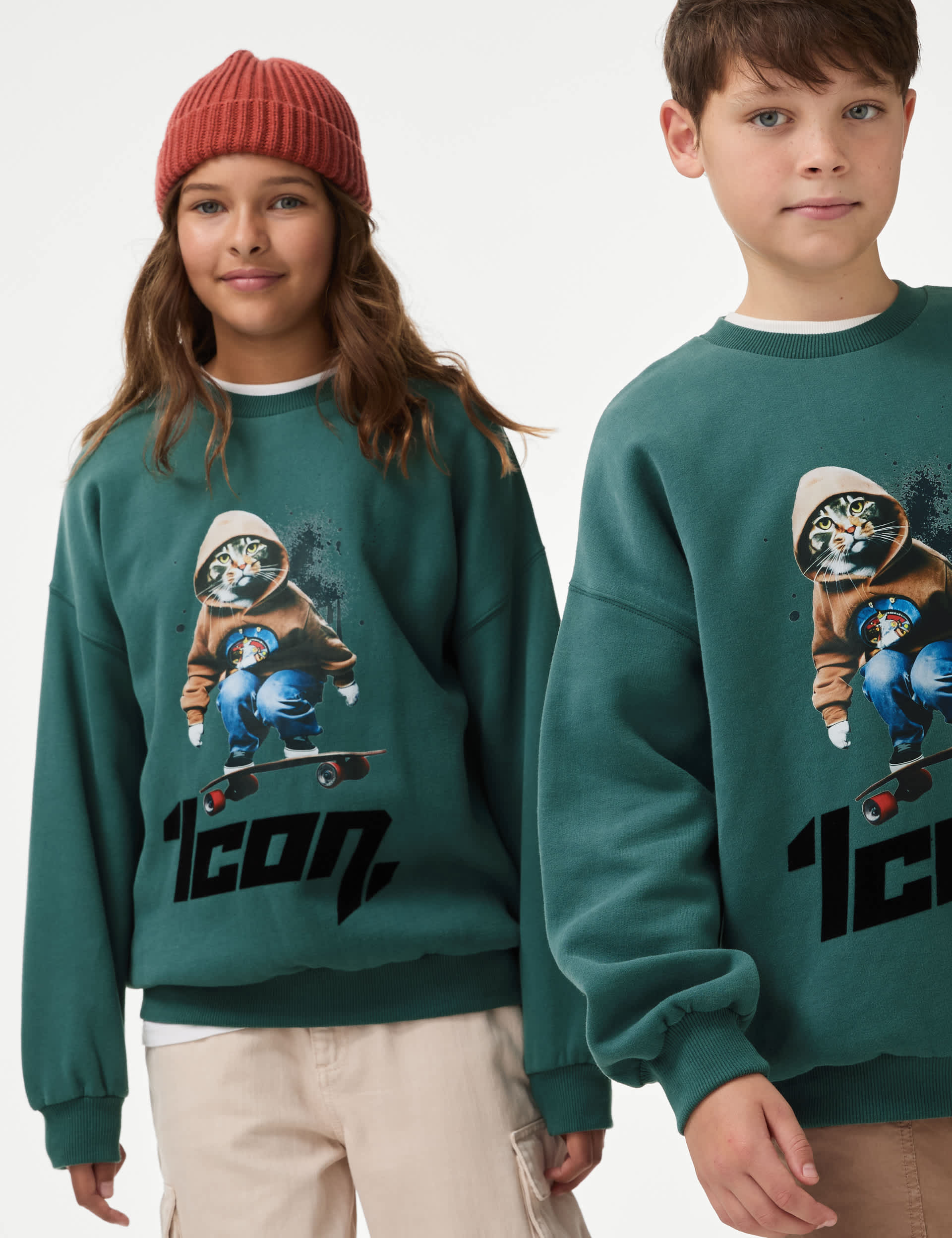 M&S Boys Cotton Rich Icon Skate Print Sweatshirt (6-16 Yrs) - 8-9 Y - Smokey Green, Smokey Green