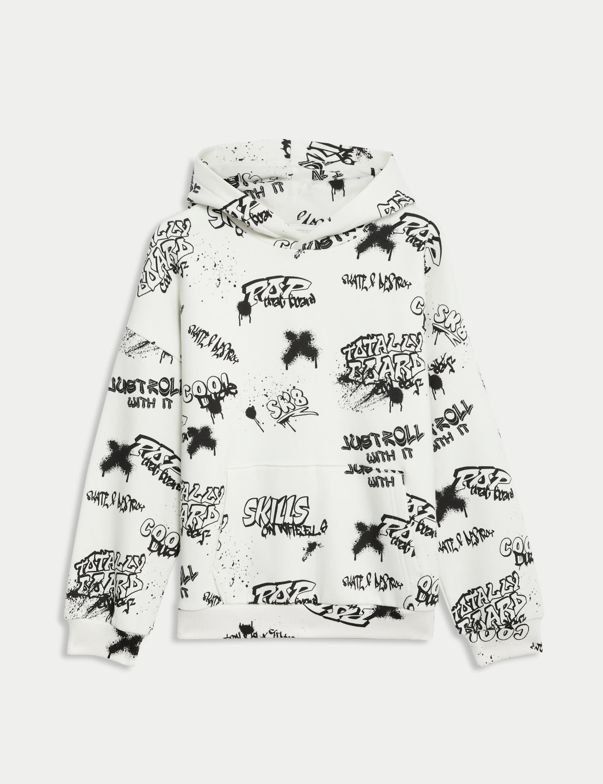 M&S Boys Cotton Rich Graffiti Print Hoodie (6-16 Yrs) - 8-9 Y - White Mix, White Mix