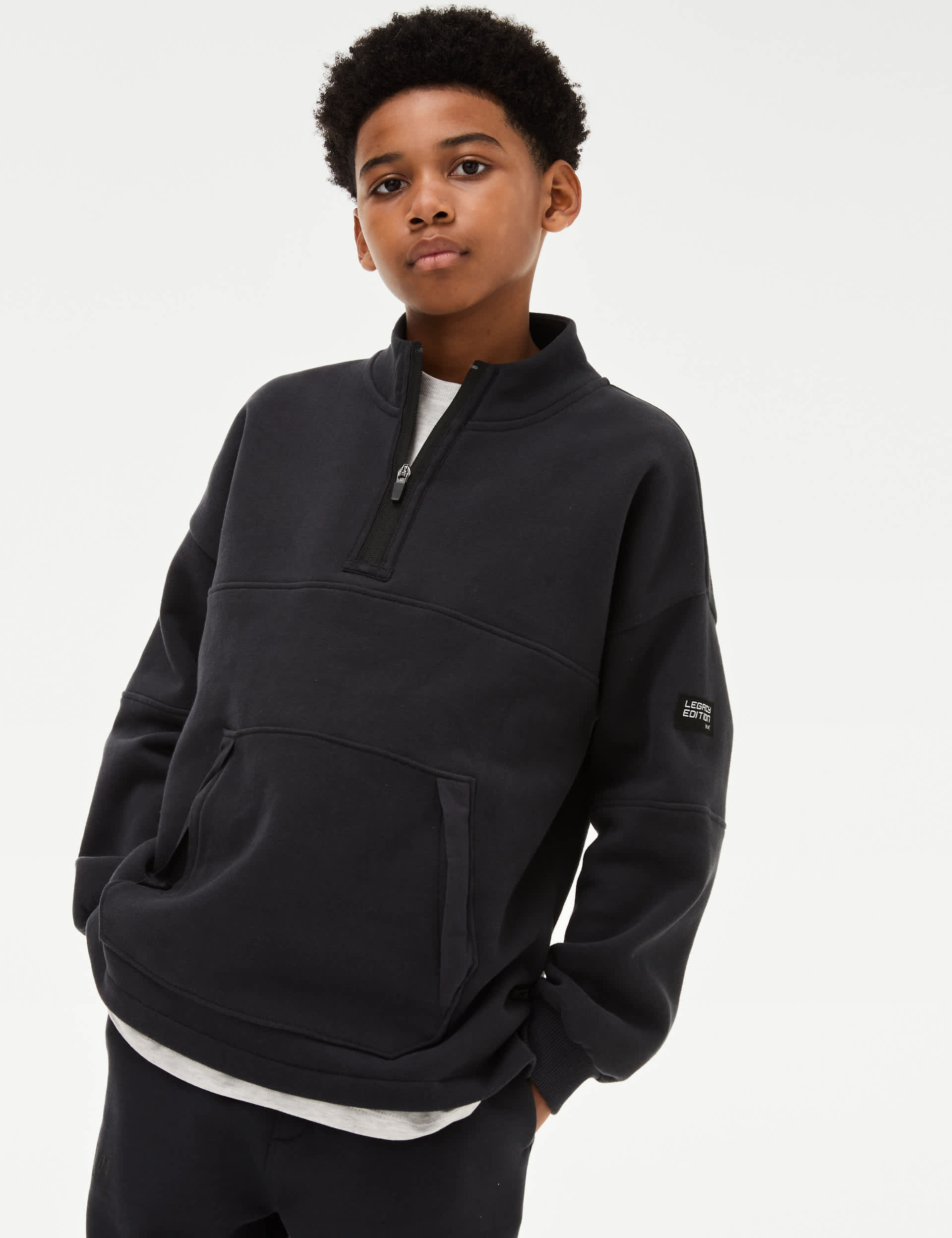 M&S Boys Cotton Rich Half Zip Sweatshirt (6-16 Yrs) - 11-12 - Carbon, Carbon