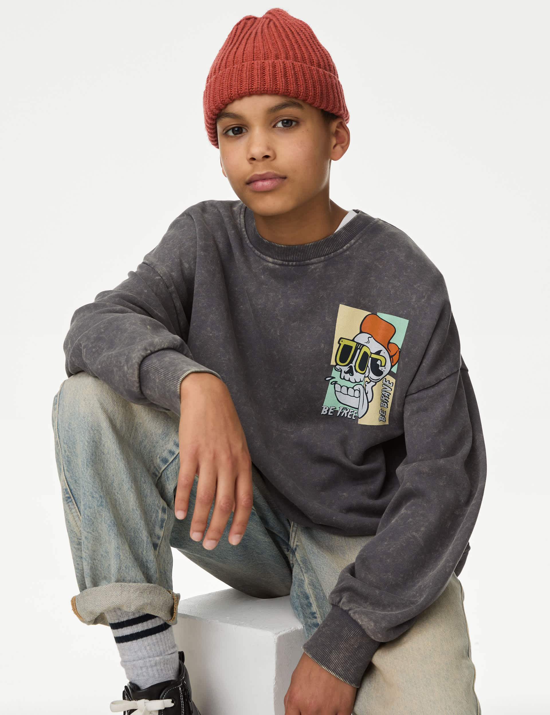 M&S Boys Pure Cotton Skull Graphic Sweatshirt (6-16 Yrs) - 8-9 Y - Black Mix, Black Mix