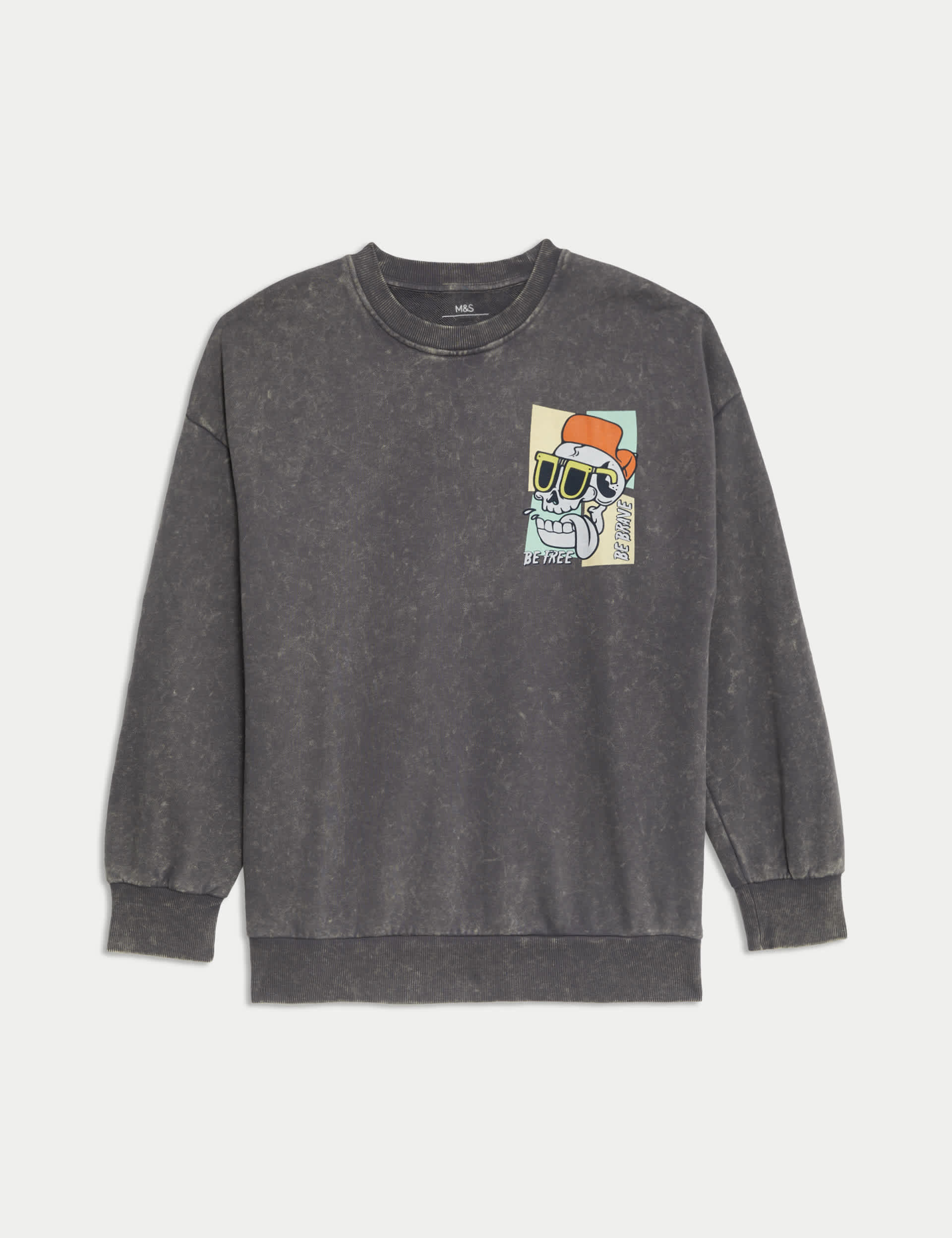 M&S Boys Pure Cotton Skull Graphic Sweatshirt (6-16 Yrs) - 8-9 Y - Black Mix, Black Mix