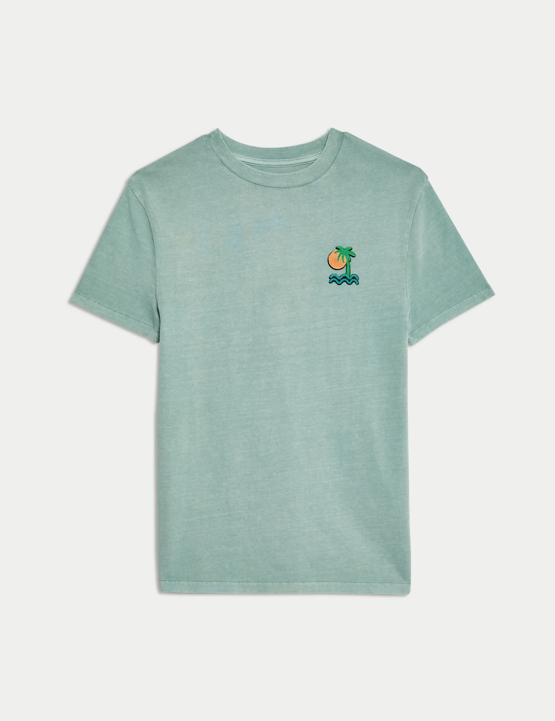 M&S Boys Pure Cotton Palm Tree Applique T-Shirt (6-16 Yrs) - 14-15 - Smokey Green, Blue,Smokey Green