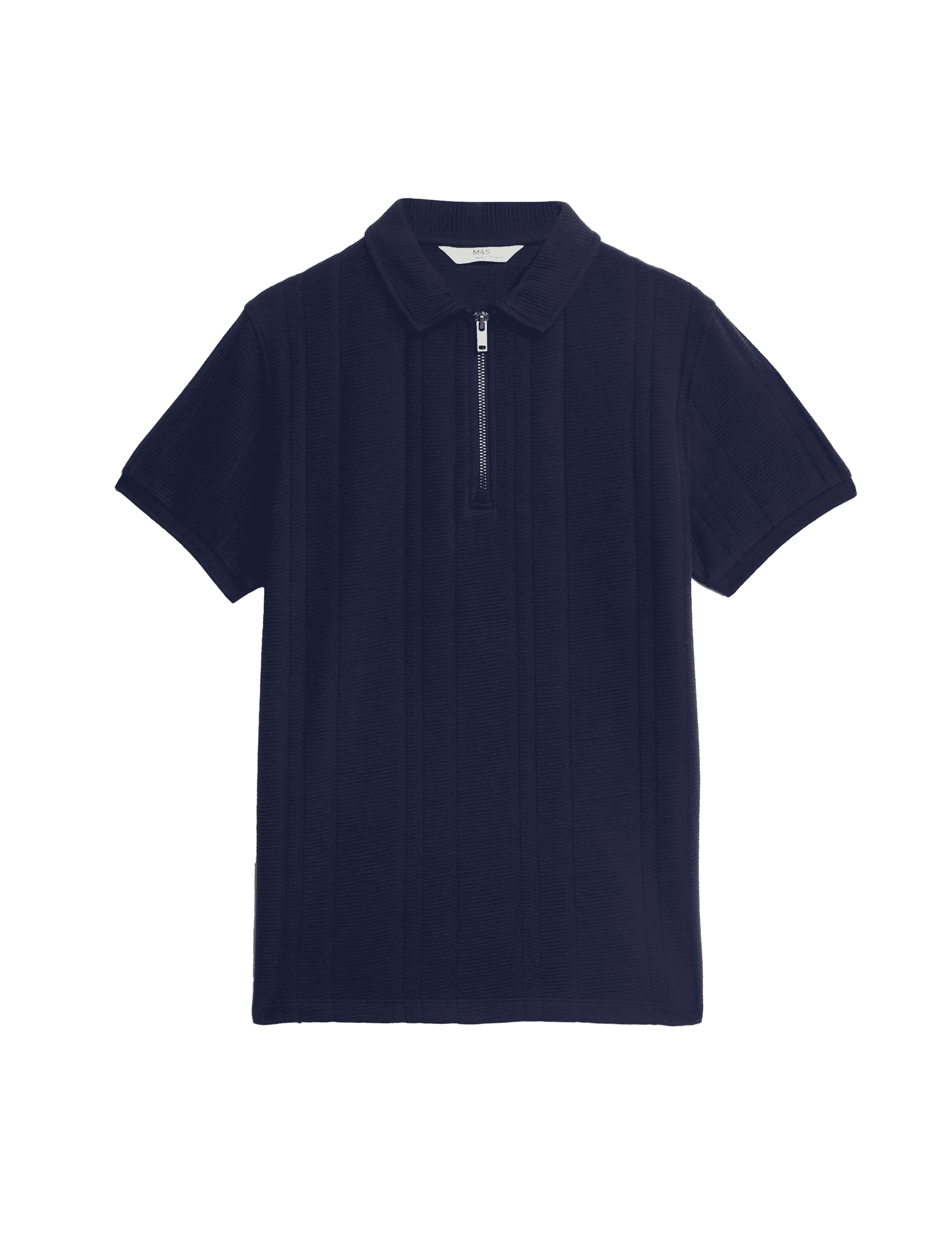 M&S Collection Boys Pure Cotton Textured Zip Polo Shirt (2-16 Yrs) - 3-4 Y - Navy, Navy,White,Black